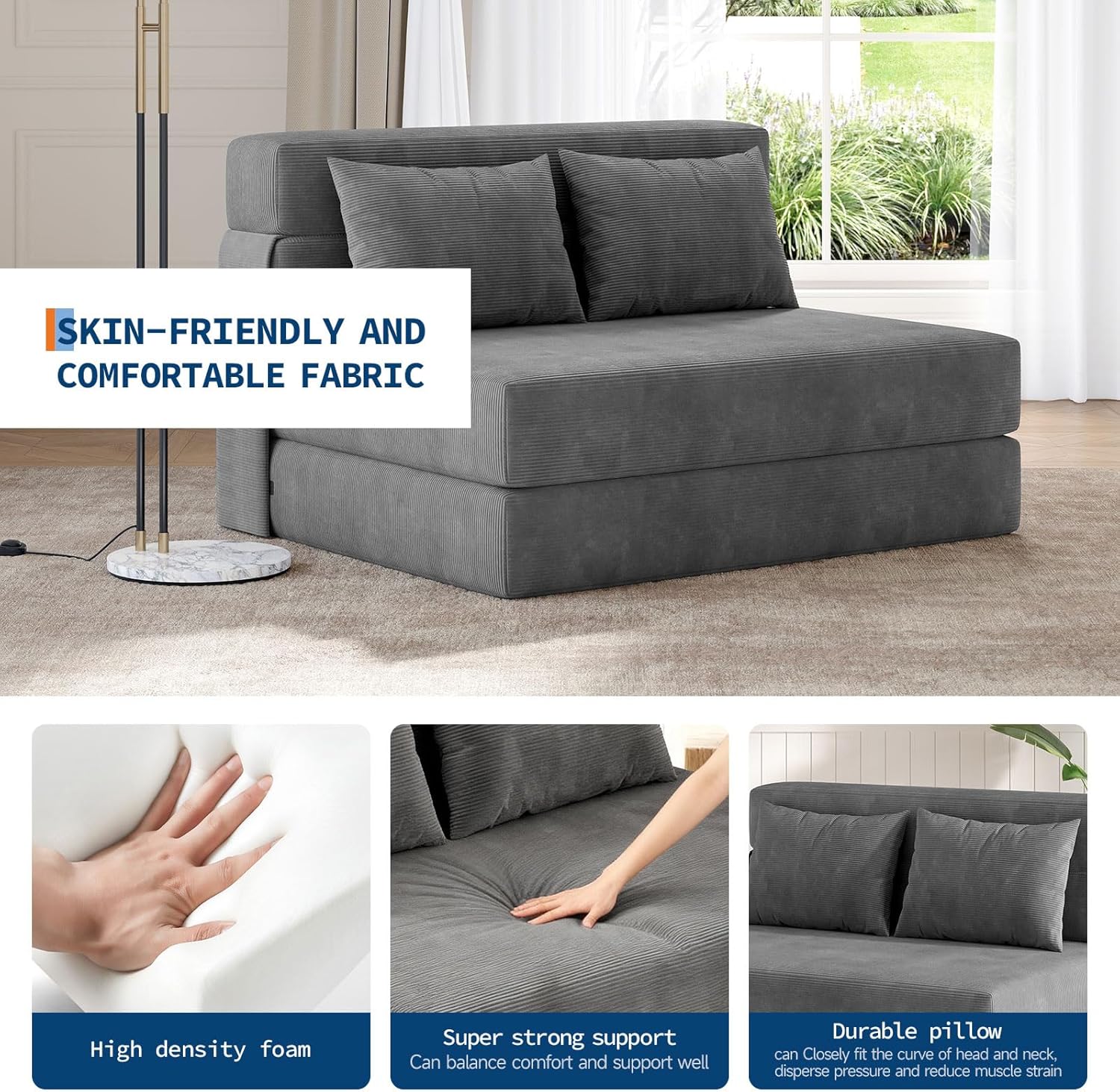 Garvee 4-in-1 Folding Sofa Bed & Chair Bed - Convertible Sleeper, Fold Out Loveseat Sofa Couch with Pillow, Tufted Floor Lounge for Living Room, Bedroom, Guest Room, Dark Grey