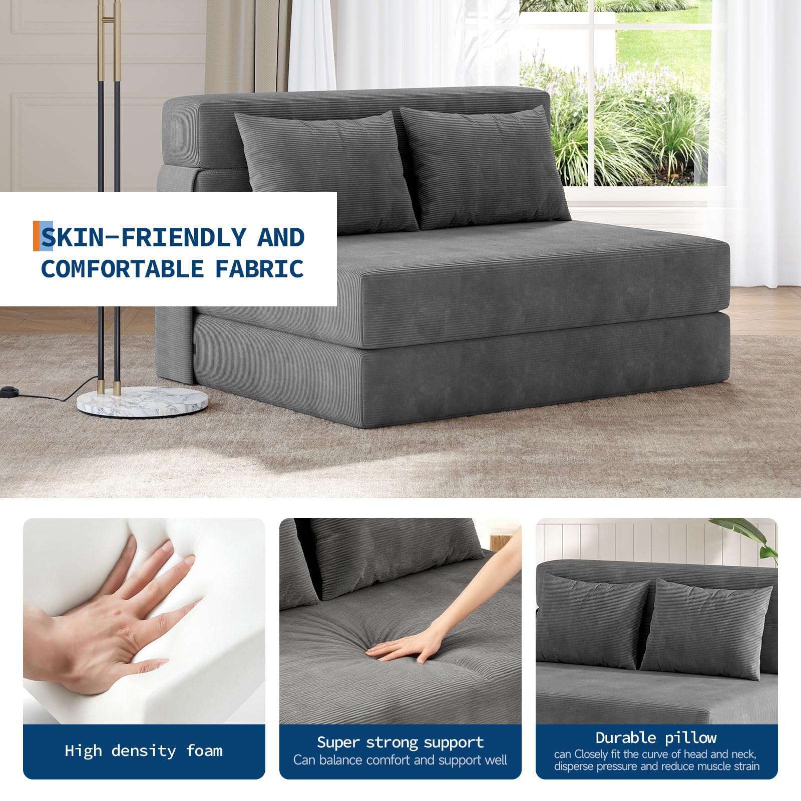 4-in-1 Convertible Folding Sofa Bed Chair with 2 Pillows – Tufted Twin Sleeper Loveseat, Portable Pull-Out Futon Couch, Comfy Floor Lounger with Back Support for Living Room, Bedroom, Guest r