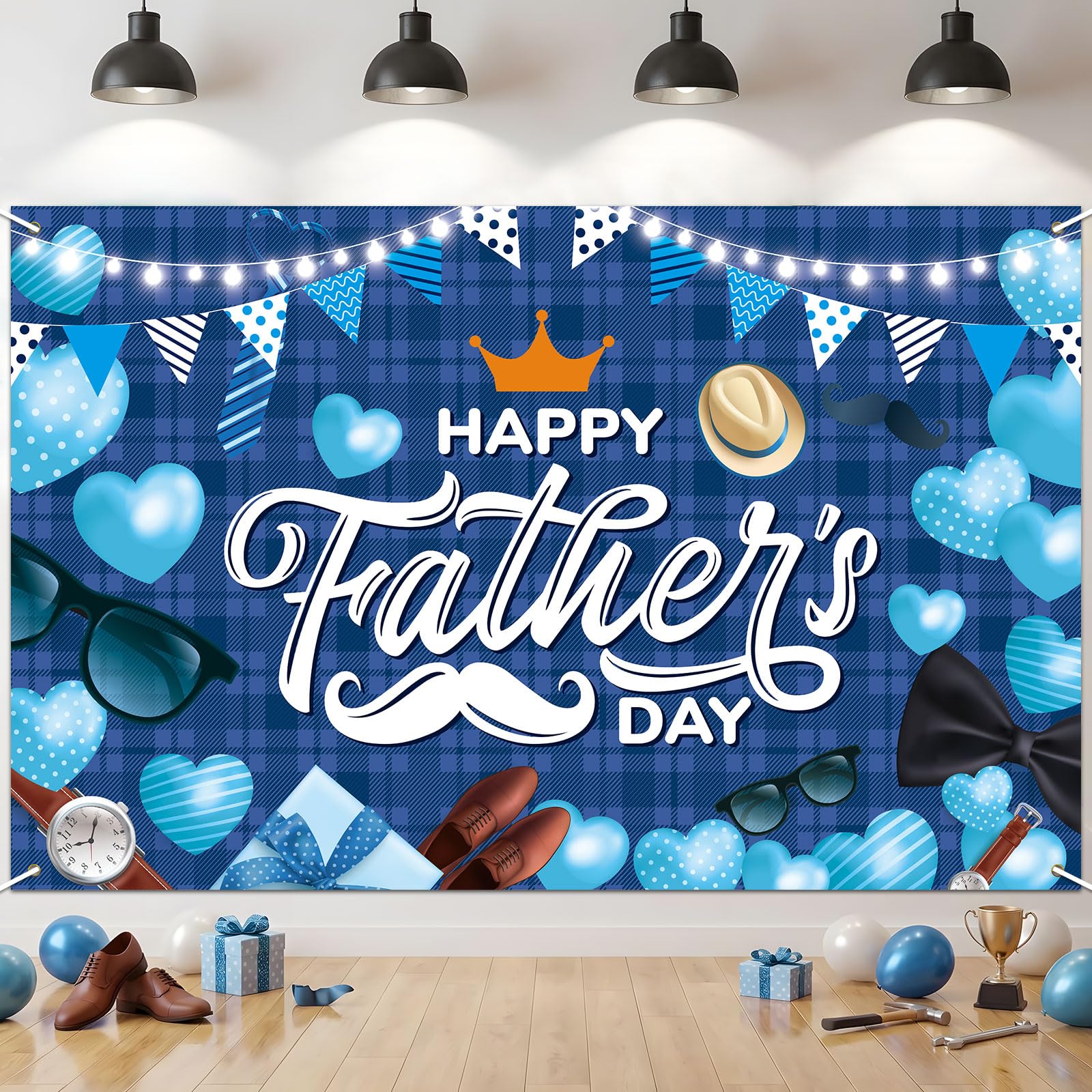 Happy Father's Day Banner Backdrop for Father's Day Decorations, Large Blue Plaid Background Photo Booth Props for Dad's Birthday Party Festival Celebrations Party Supplies(70x43 inch)