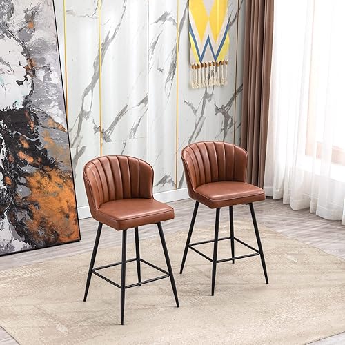 Miniatura 7 de Juego de 2 taburetes de cuero para mostrador, modernos de mediados de siglo, sillas tapizadas de altura de mostrador, sillas de isla de cocina de 26