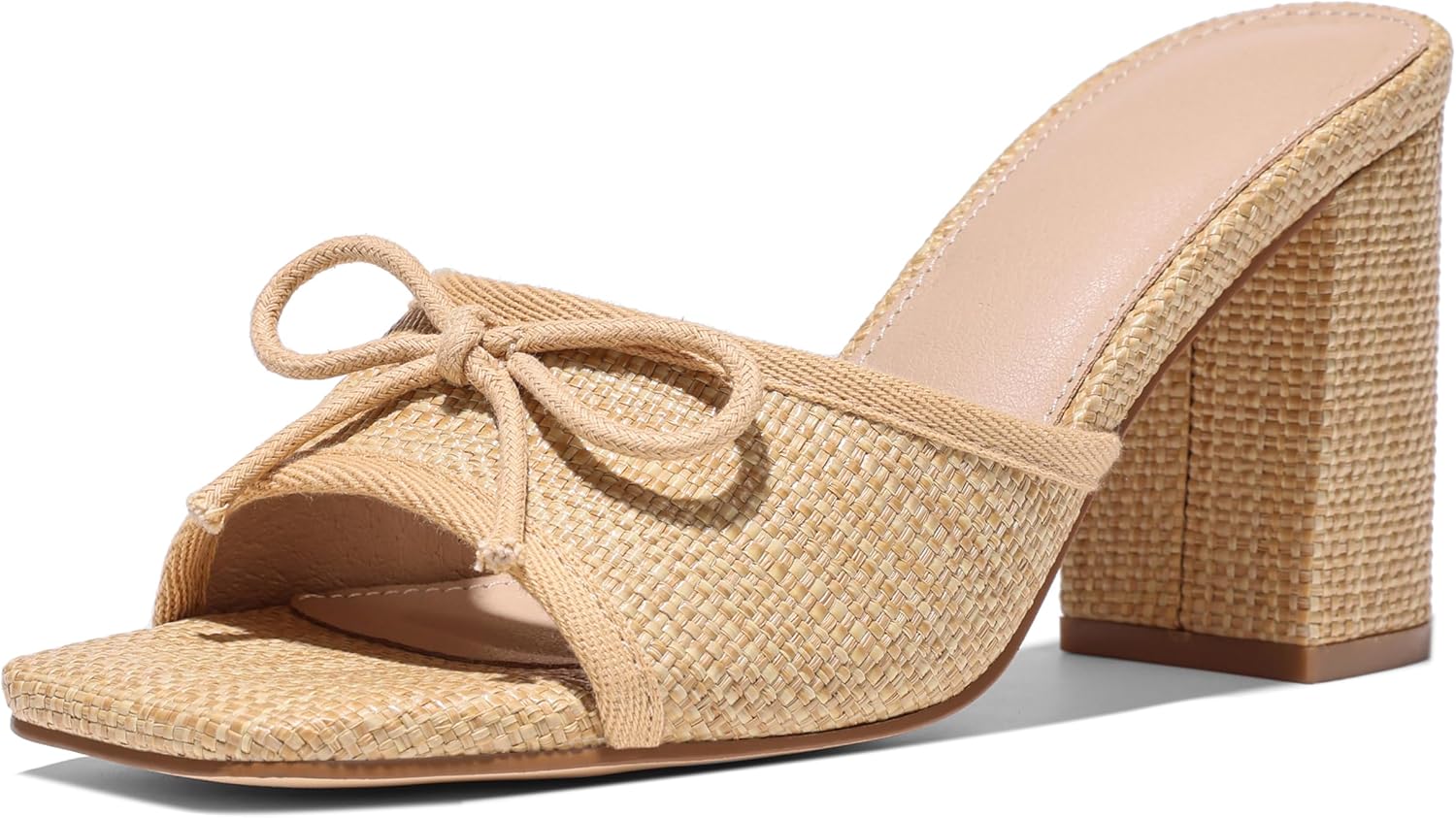 Erocalli Chunky Heels for Women Block Mules Sandals Square Open Toe - Bow, Summer, Raffia, Slip On, Slides Wedding Shoes