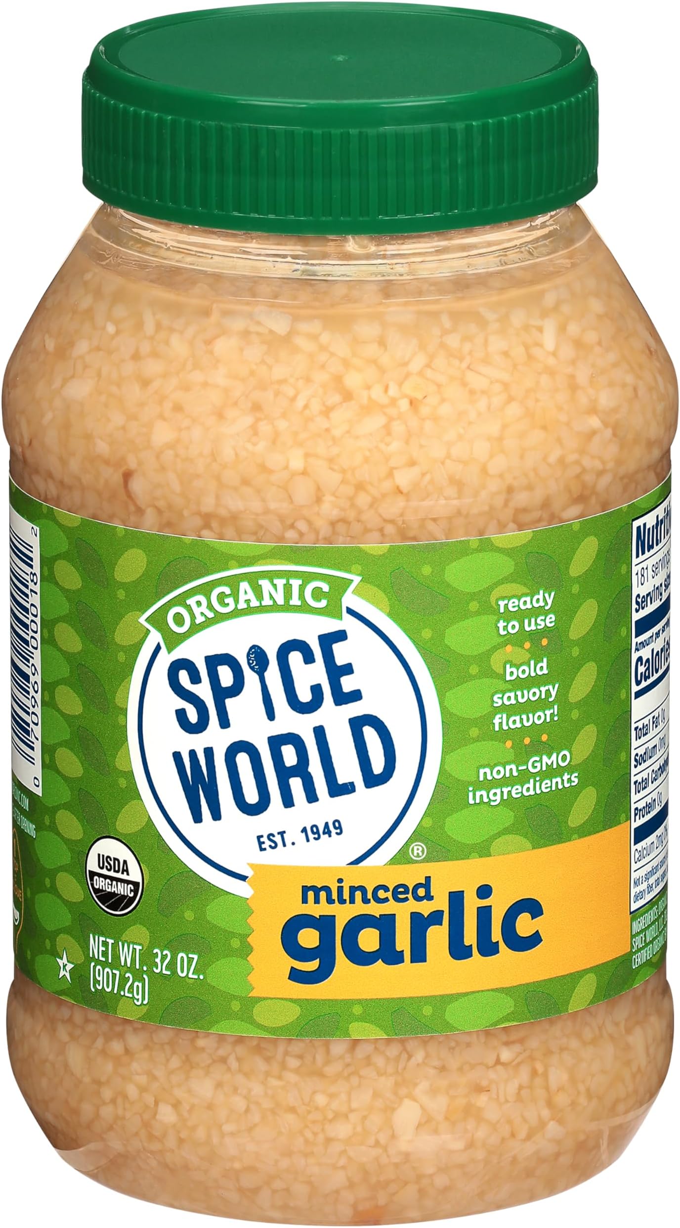 Spice World Organic Minced Garlic – Bulk 32oz Container, USDA Certified Organic with Non-GMO Ingredients – Ready-to-Use Seasonings for Cooking, Reduce Prep Work and Easily Add Flavor