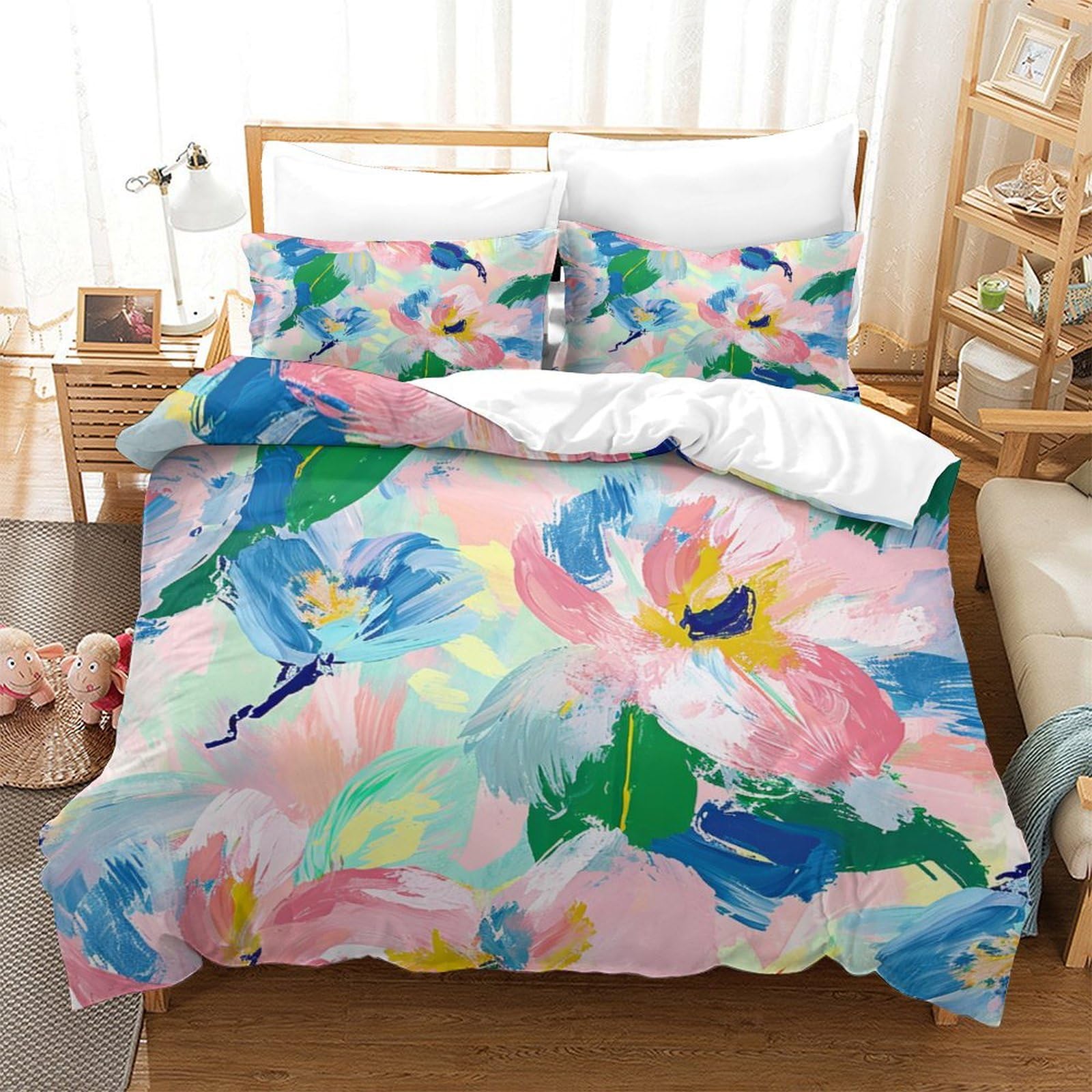 P1S9U7W5Y Colourful Floral 3D Printed Duvet Cover Set 3pcs Microfiber Artistic Watercolor Flower Bedding Set King（220x240cm）