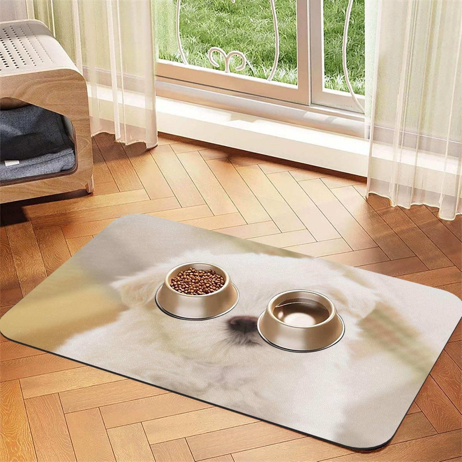 Tapis de gamelle antidérapant en caoutchouc absorbant avec motif Bichon