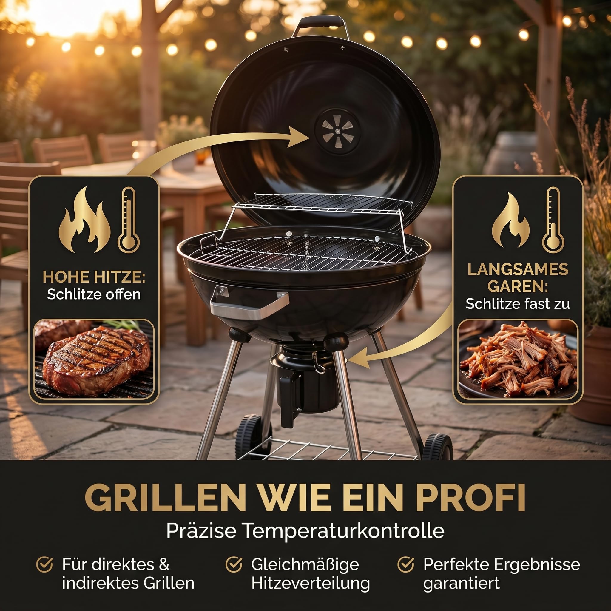 Kugelgrill 54 cm Holzkohlegrill mit Deckel & Thermo-Luftregulierung – Große Grillfläche Ø54 cm – Mobiler BBQ Grill mit Aschebehälter & Ablage – Holzkohle Standgrill für Garten & Terrasse