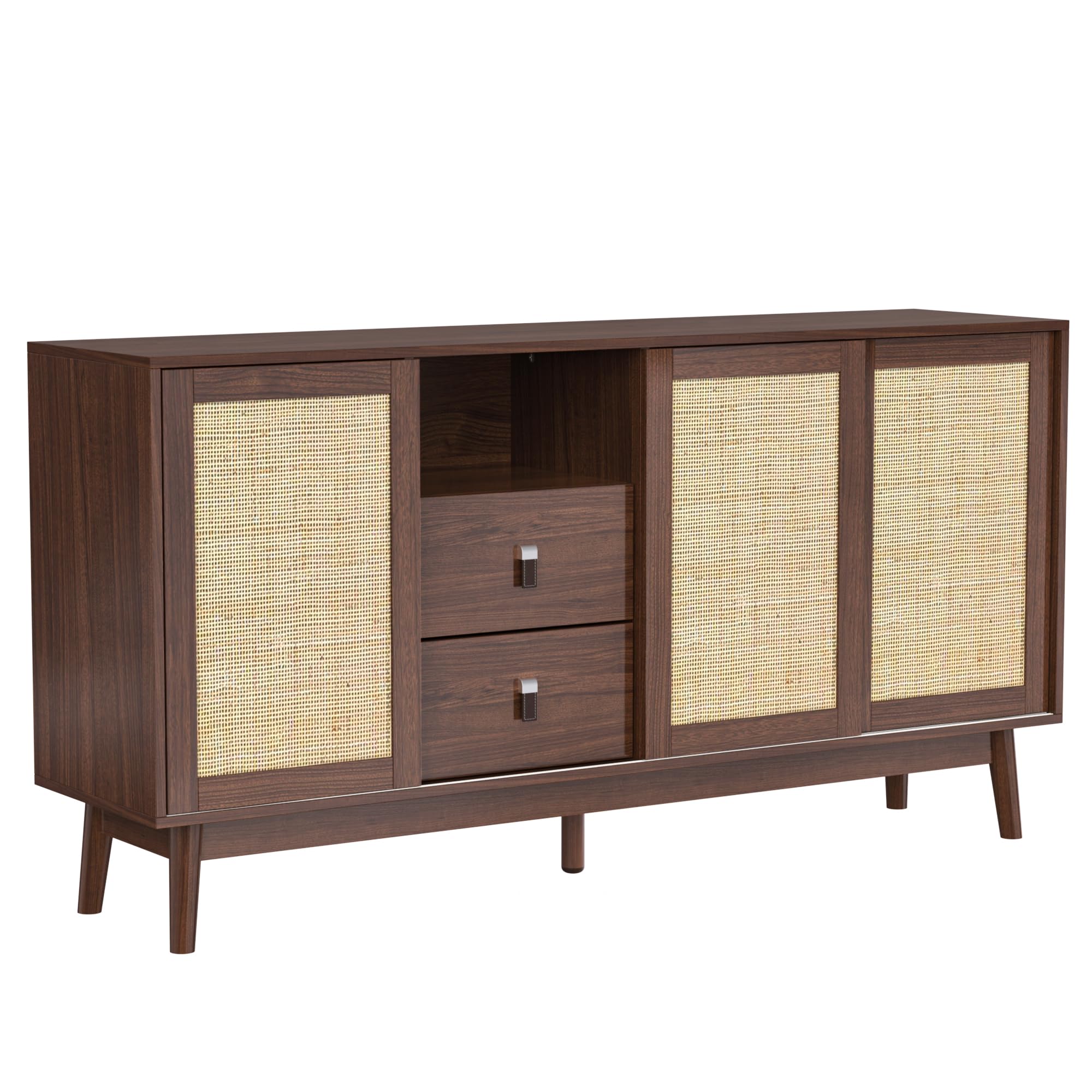 Sideboard 155x38x80 Cm Mit Rattan Schiebetüren 2 Schubladen Holzfüße Atmungsaktiv Stauraum Buffetschrank Anrichte Wohnzimmer Schrank Regal Mit Türen Für Flur Esszimmer