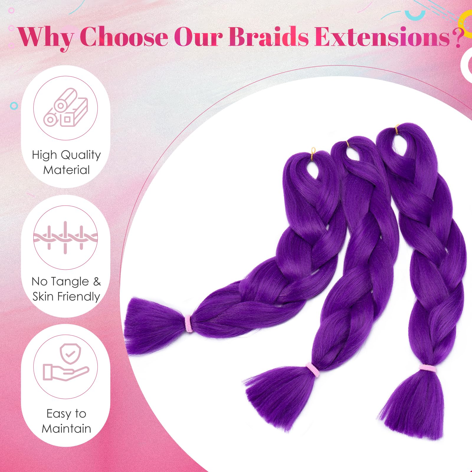 Benehair 3 Packs 24 Inch Braid Extensions Jumbo Box Braiding Hair for Twist Colorful Synthetic Hair Extensions for Braiding Purple Hair Extensions for Women(3 Packs - Image 4