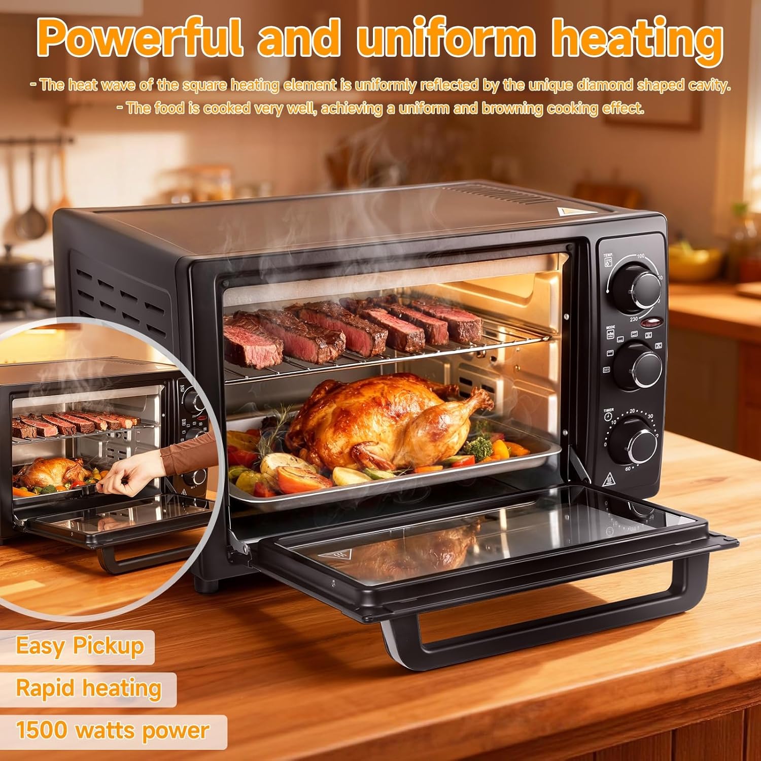 32L Toaster Oven Countertop, 1500W Convection Oven with 60-Min Timer, 0-230℃ Adjustable Temperature, Stainless Steel Interior, Includes Baking Pan, Rack, Rotisserie Kit for Pizza, Chicken, Bread US