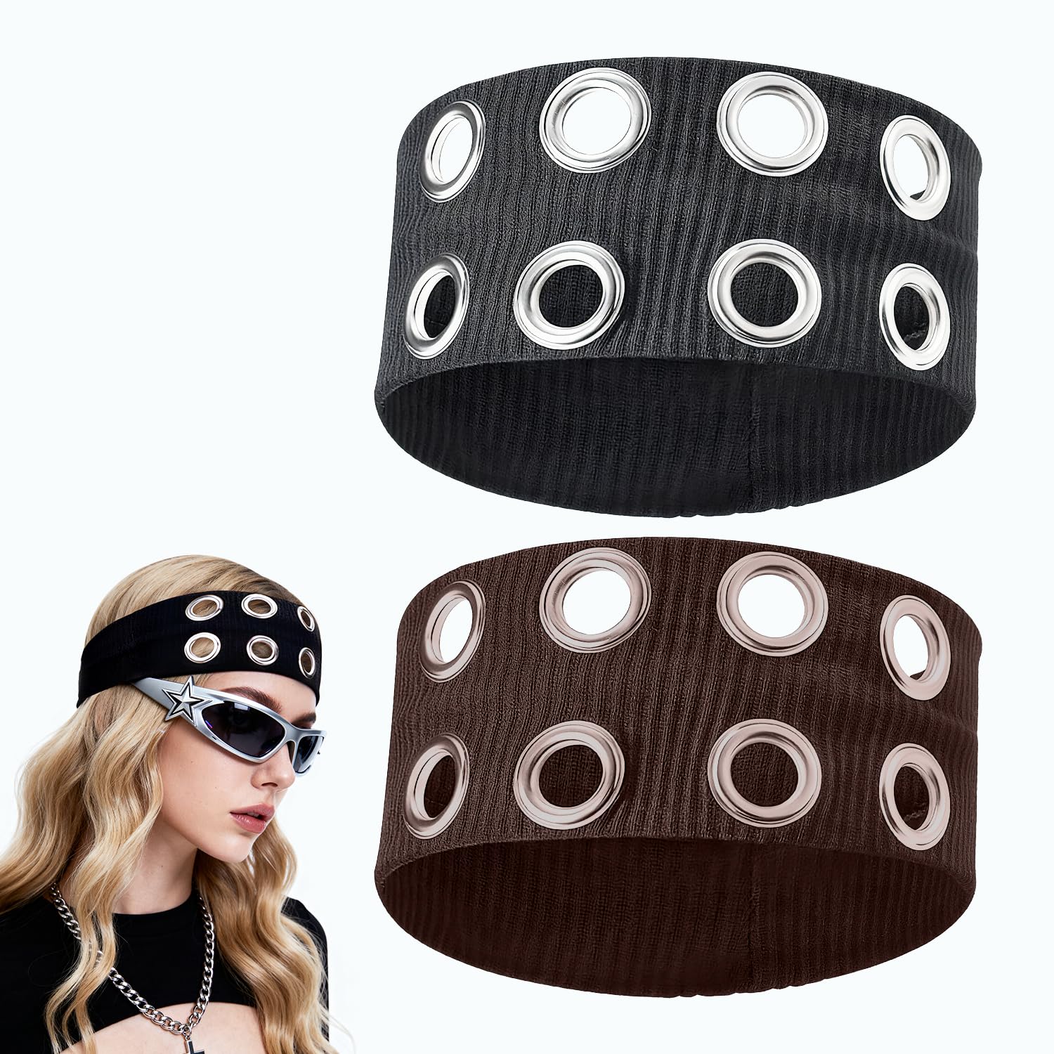 rugbol 2 Pack Wide Headbands, Punk Rock Metal Bandanas Personalized Bandanas for Men, Women and Youth, Knotted Headbands for Yoga, Cycling, Pilates, Running, Concerts-picture-11