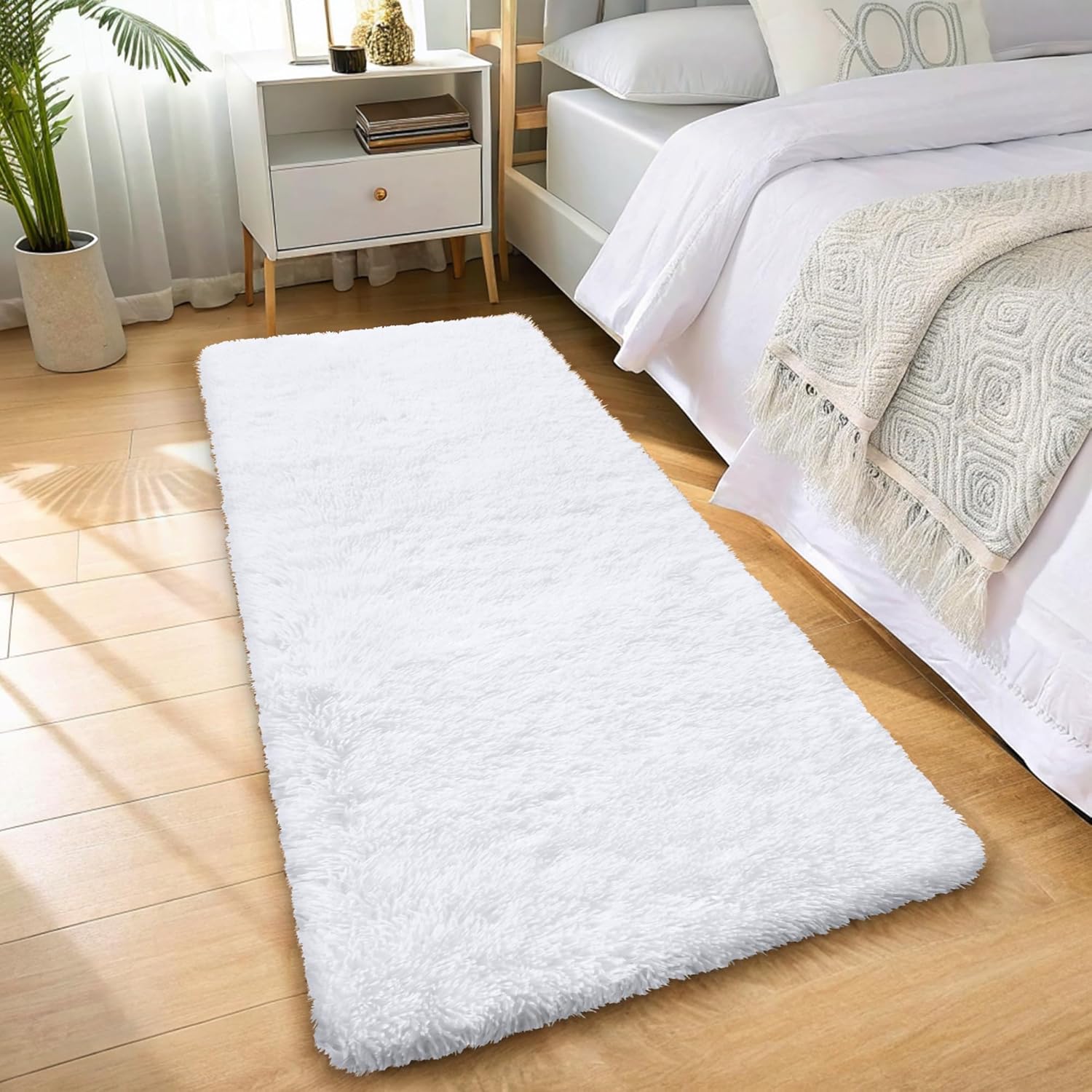 OLANLY 2x6 Machine Washable Runner Rugs for Hallway, Soft Fluffy Shaggy Bedside Rugs for Bedroom, Living Room, Indoor Floor Carpet for Kids Girls and Boys, Nursery Rooms, Home Decor Aesthetic, White