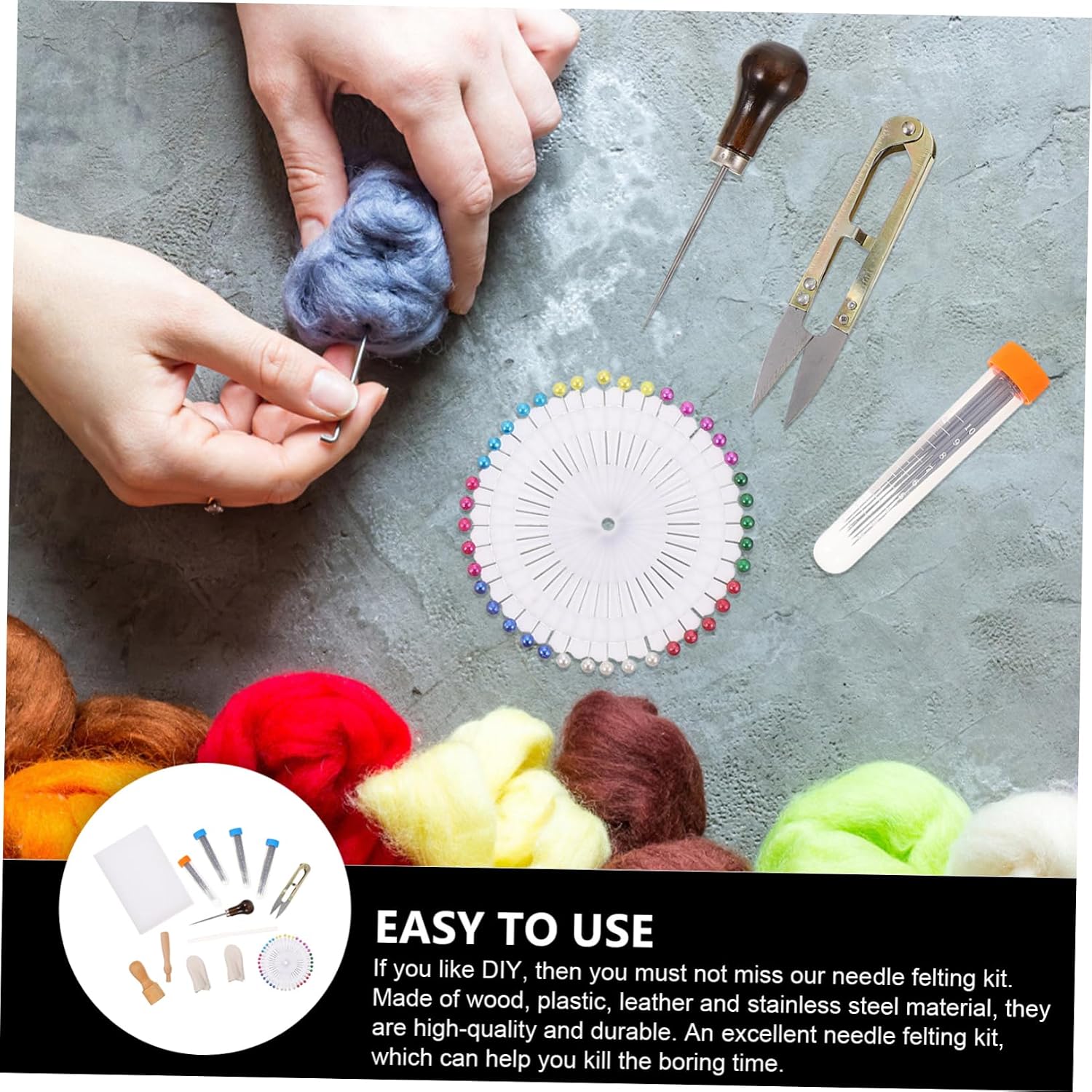 Children's Needle Felting Kit with Wooden Storage Box and Eight Needles