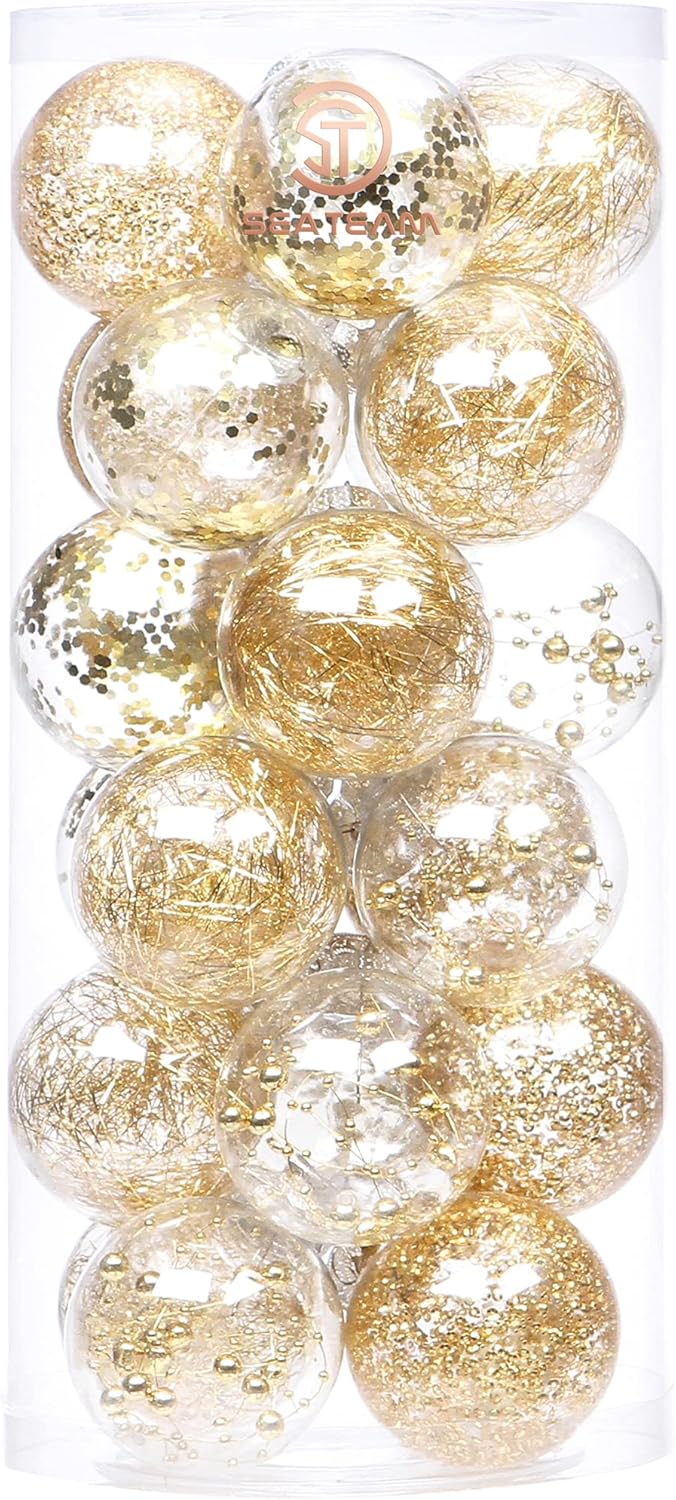 Sea Team 70mm/2.76" Shatterproof Clear Plastic Christmas Ball Ornaments Decorative Xmas Balls Baubles Set with Stuffed Delicate Decorations (24 Counts, Gold) Gold 70mm/2.76"/24-Pack