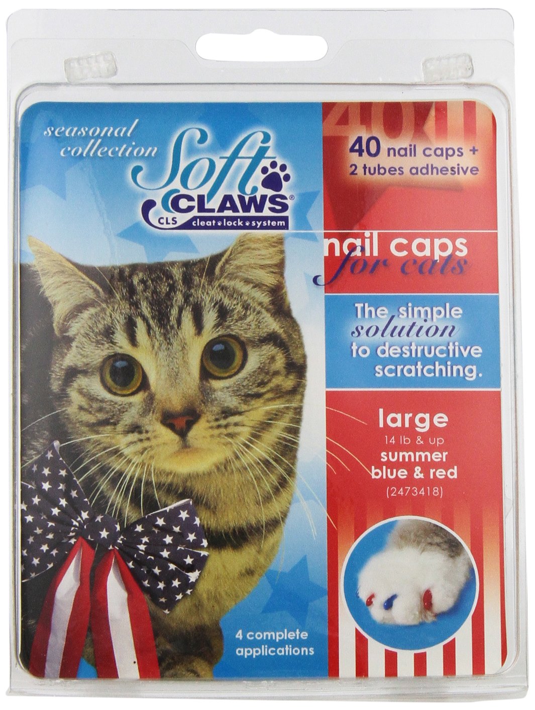 Soft Claws for Cats, Size Large, Color Summer (Blue & Red)
