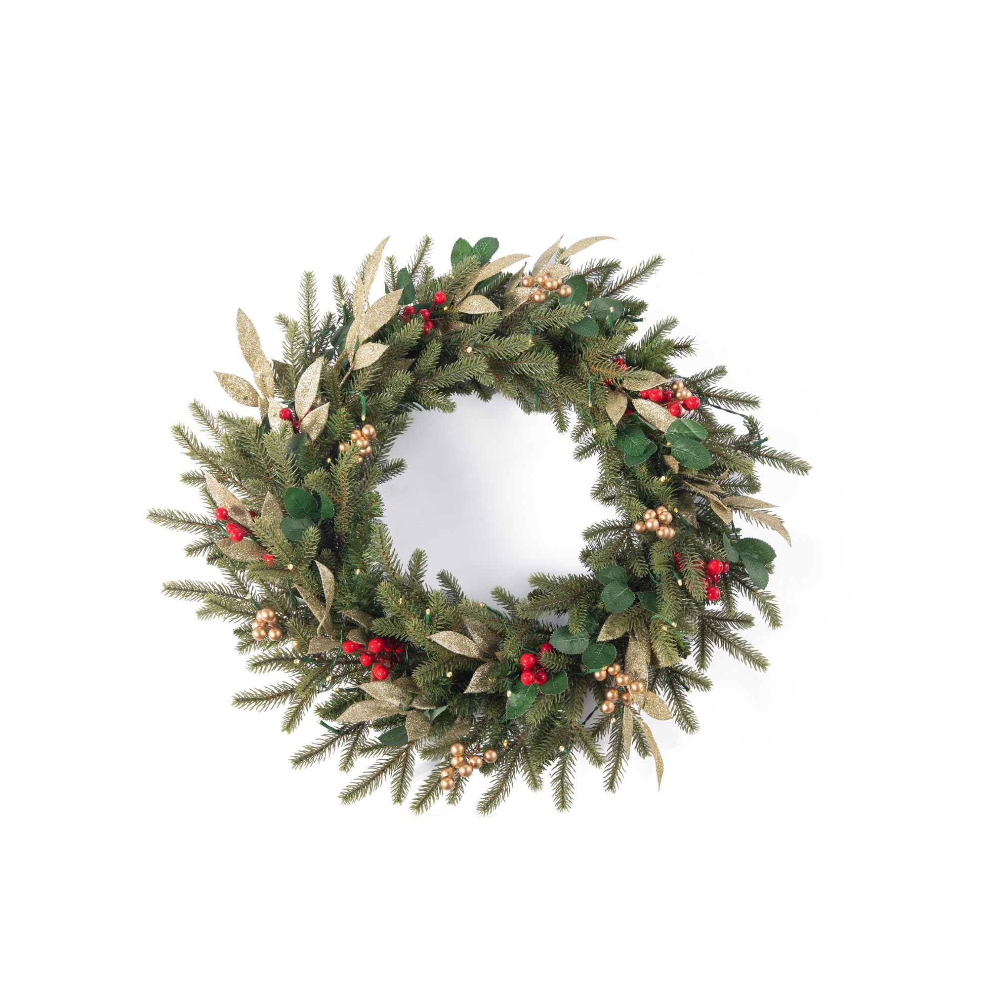 Evre Green 24In/60Cm Christmas Wreath With 120 Tips, Artificial Berries & Gold Accents | Full Xmas Wreath For Front Door, Wall Or Fireplace | Indoor Or Outdoor Holiday Decoration.