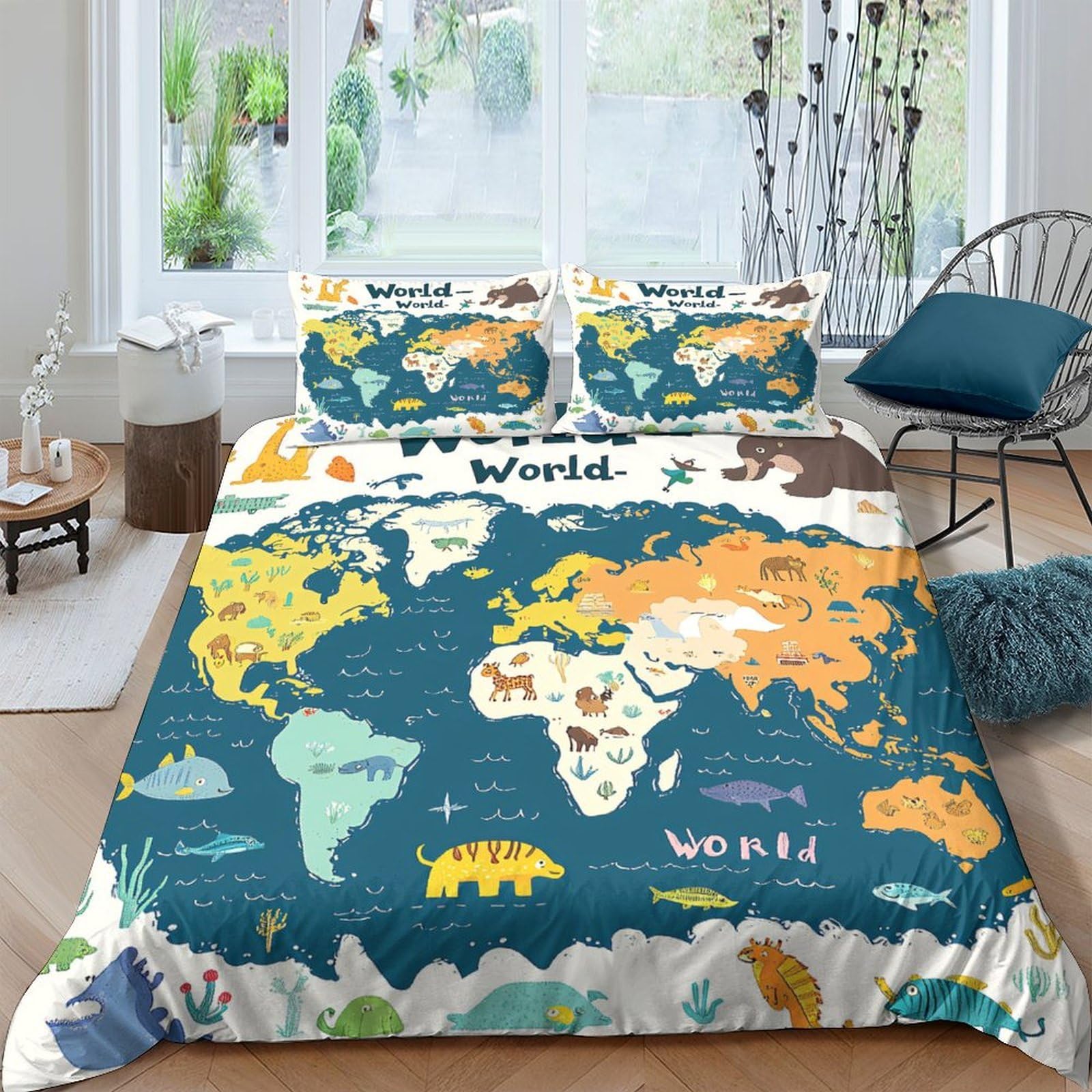 Ctjqhvkz Style-2 3D Printed World Map Fitted Sheet Microfiber Soft Anti-Slip Animal Pattern Mattress Cover Bedroom Decor Single（135X200cm）