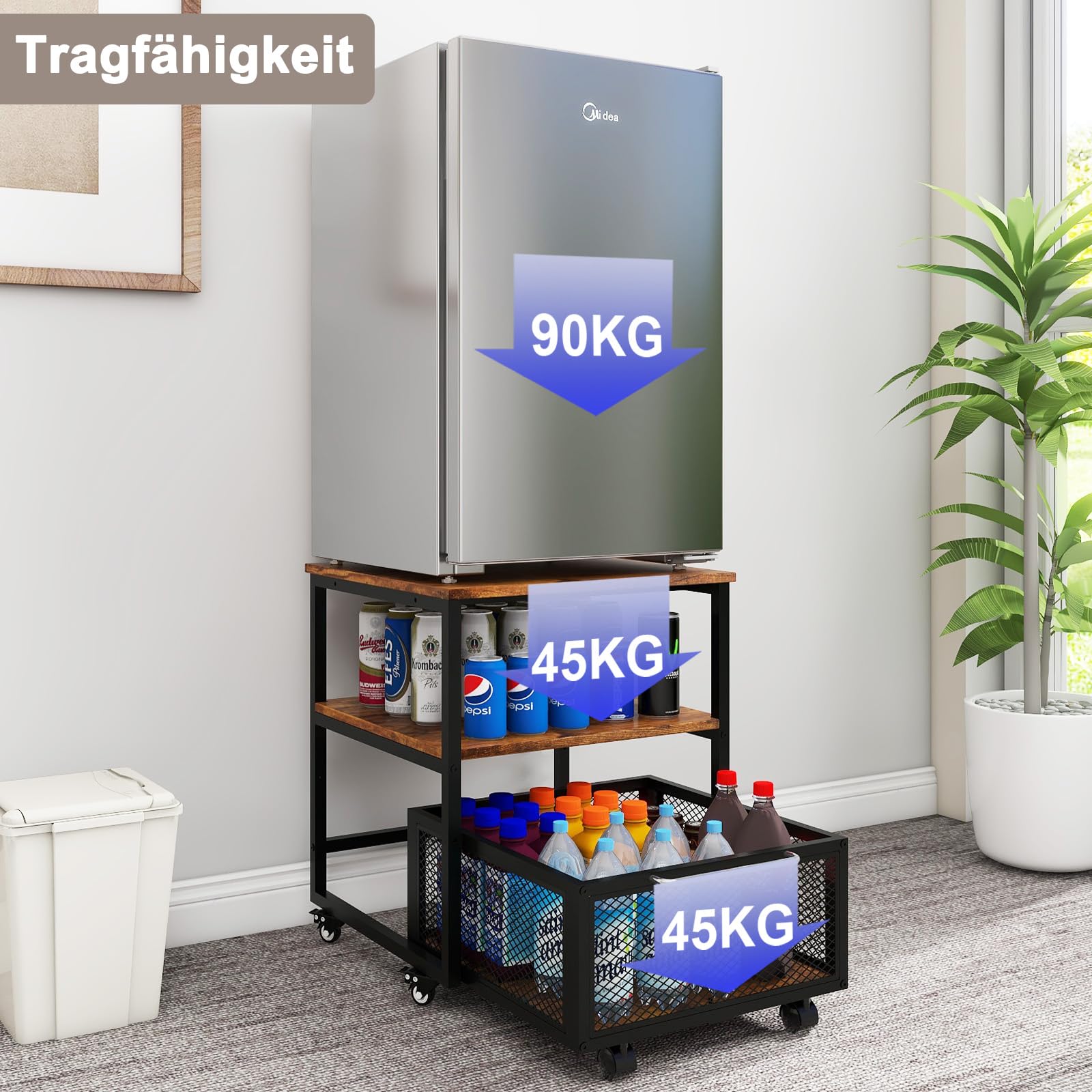 PUNCIA 3-stüfiger Kühlschrankständer auf Rollen Kühlschrankhalter mit Metallkorb Untergestell für Kühlschrank Sockel Unterstand für Gefrierschrank Küche Wohnzimmer Arbeitszimmer Büro Retro