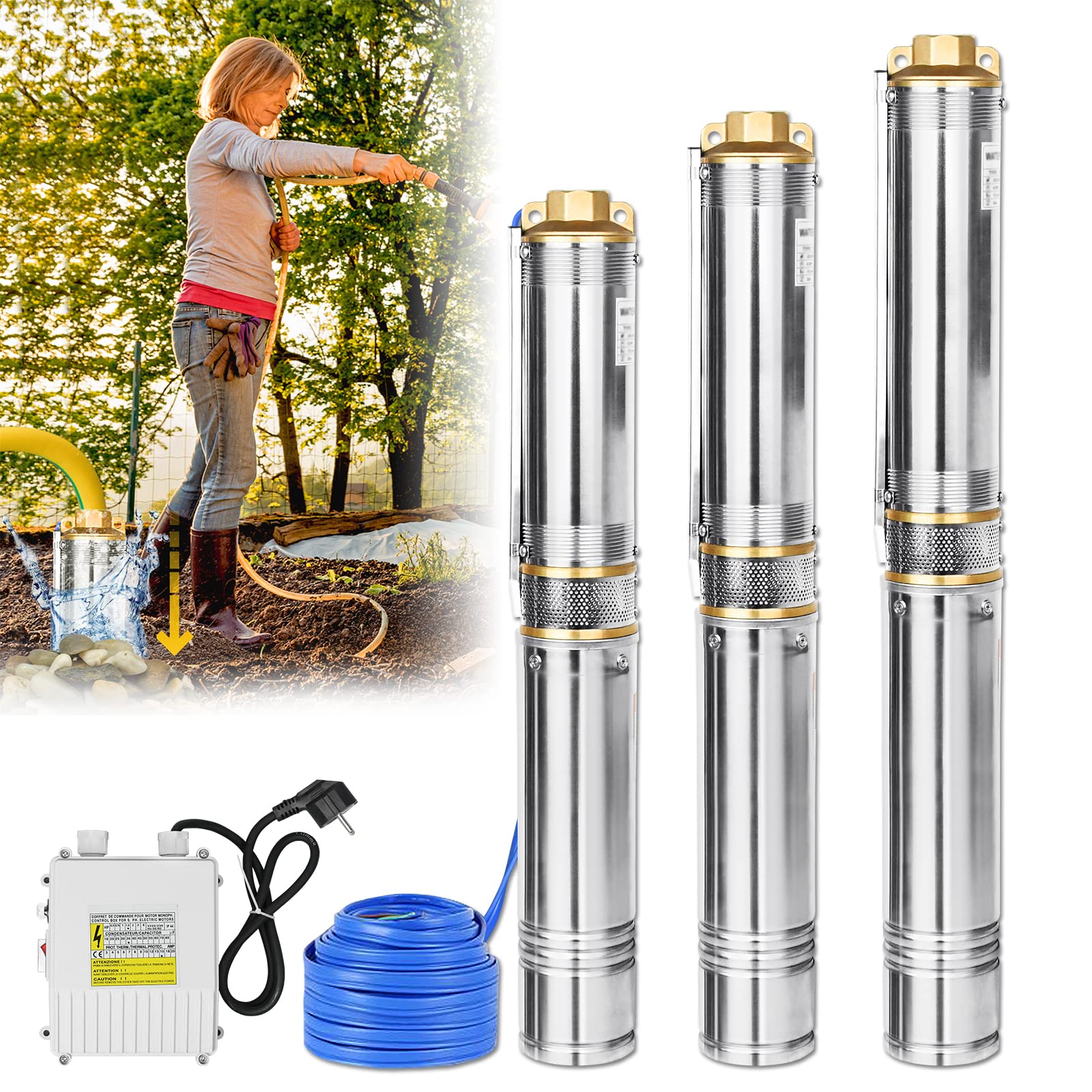 RHome Bomba sumergible para pozos profundos, de acero inoxidable, 4 pulgadas, 1,1 kW/1,5 hp hasta 4.000 l/h, caudal para pozos, riego de jardín o uso doméstico
