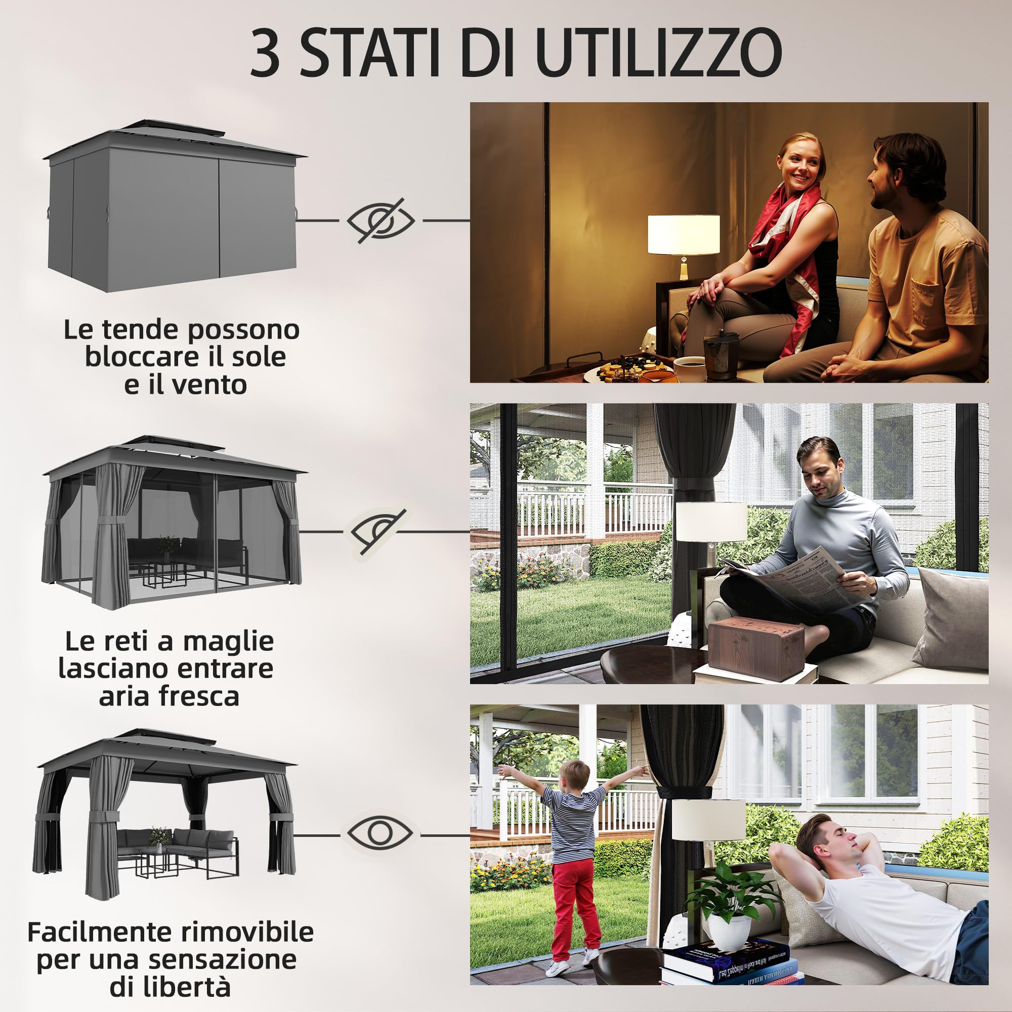 Outsunny Gazebo da Giardino 3.8x3 m con Tende e Zanzariera Grigio Scuro | Ganci, Doppio Tetto con Fori di Drenaggio, Struttura Metallica, per Feste Terrazzo Patio Giardino, UV30+