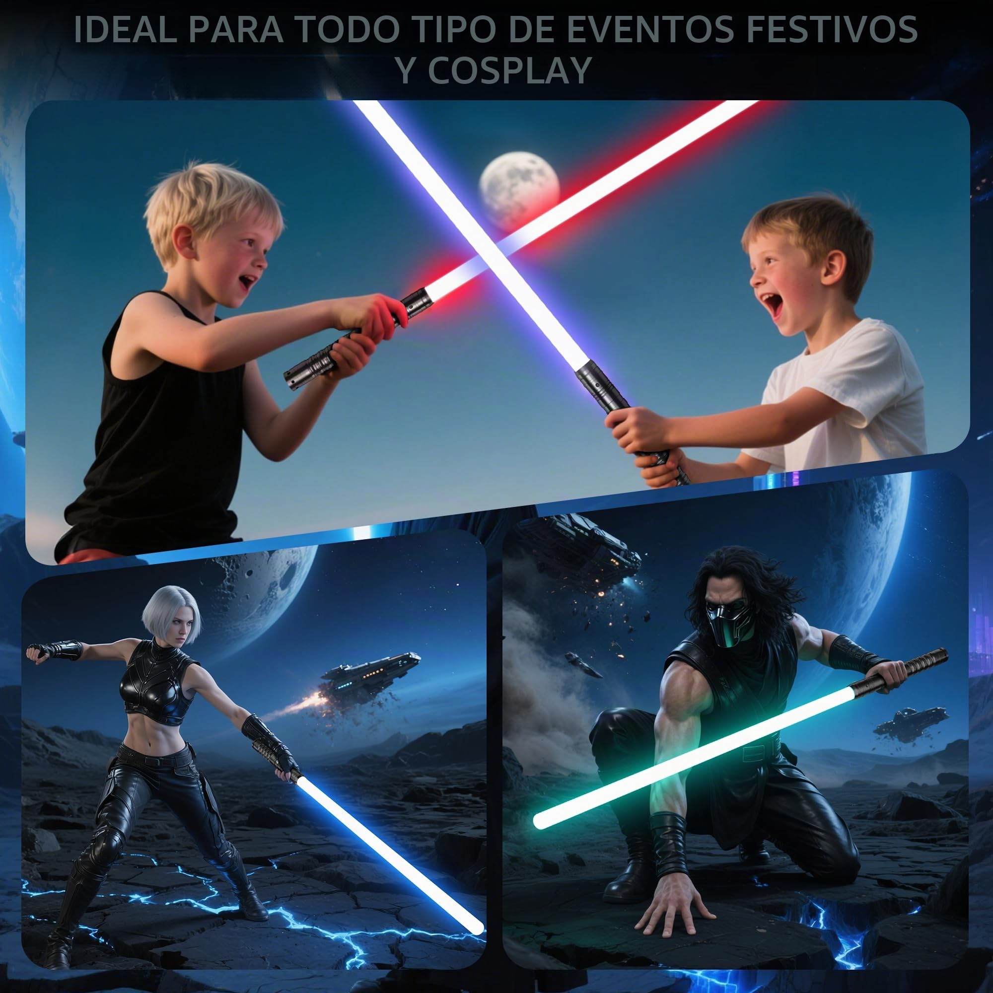 Sable Láser-2 Piezas para Niños, Sable de Luz RGB con 15 Colores, Recargable USB-C,4 Modos de Duelo, Sables Conectables de Metal - Juguete de Cosplay para Películas, Hallowee (2PC Negro 78cm)