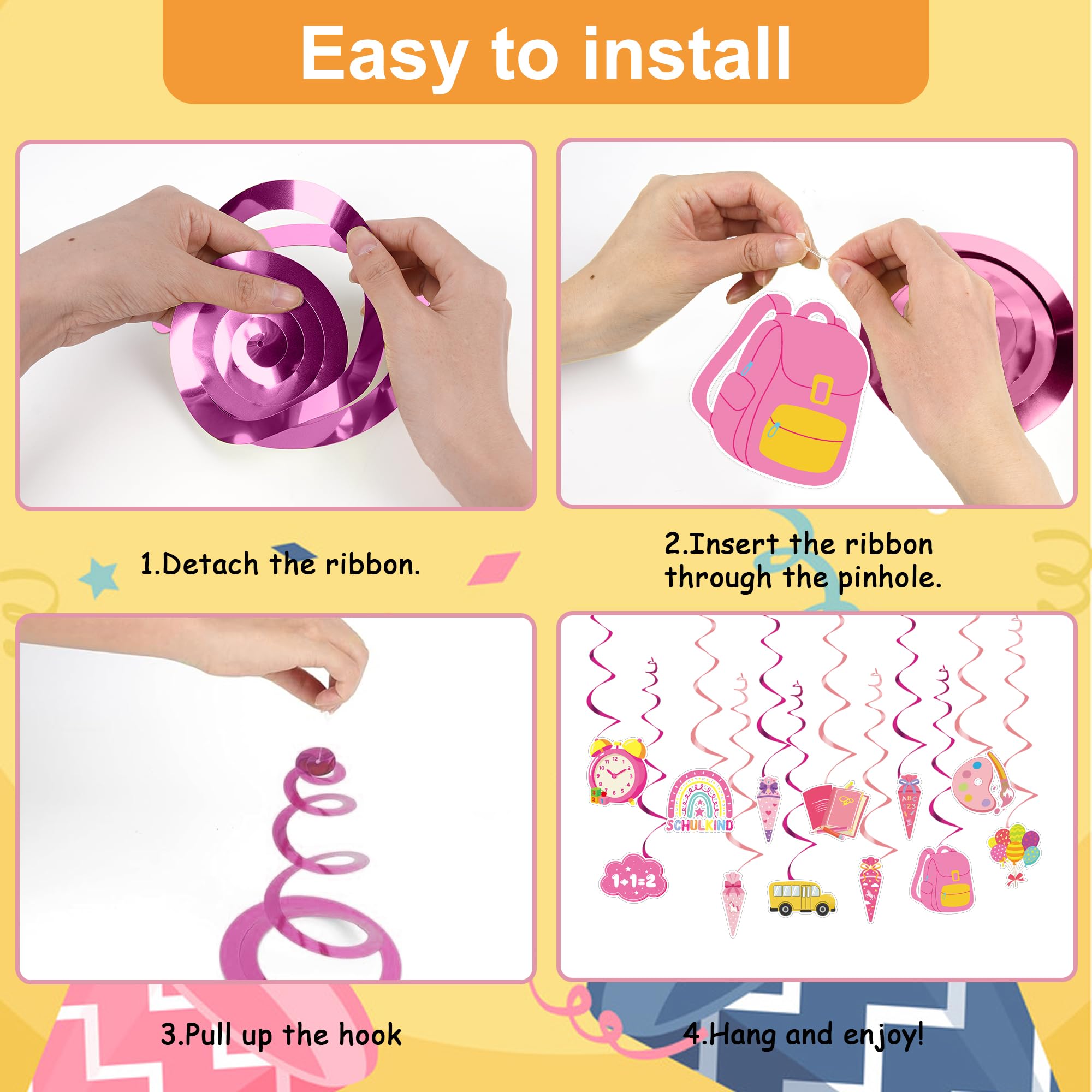 Einschulung Deko 2026 Schulkind Banner Girlande mit Hängedeko, Einschulung Mädchen Dekoration mit Schultüte Schulanfang Party Deko Set (Rosa Gelb)