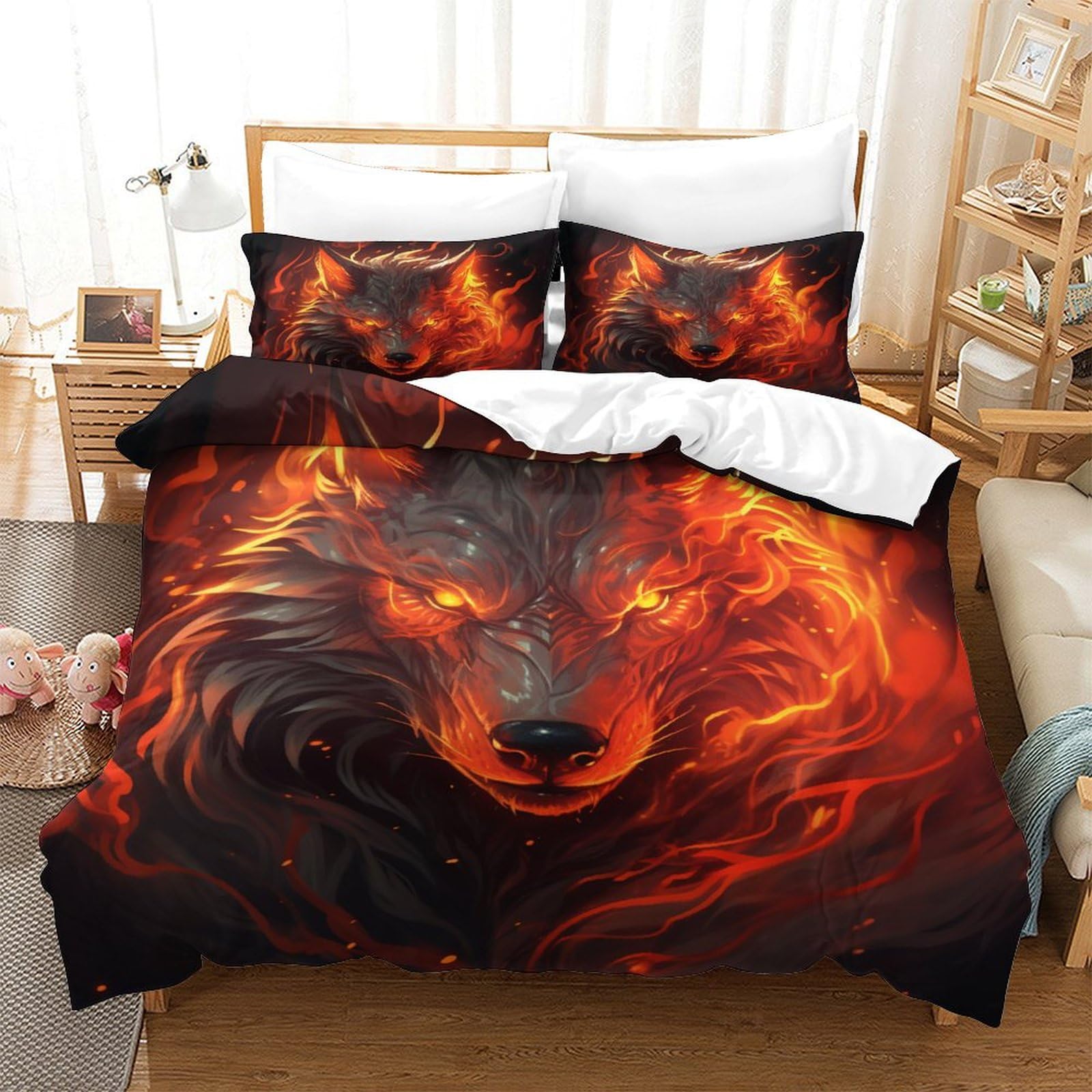 BARDYS Wolf Quilt Cover Duvet Cover Comforter Covers for Boys Girls 3D Print Flame with Zipper Closure with Pillow Cases Soft Microfiber Bedding Set 3 Pieces Single（140x200cm）