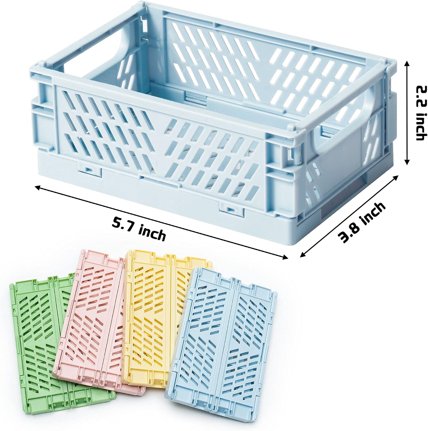 D1resion 4Pcs Mini Stackable Crates Decor Danish Pastel Aesthetic Stacking Folding Plastic Storage Crate Foldable Bin Baskets Tray with Handles for Shelf Grocery Kitchen Bedroom Desktop Organizer Box