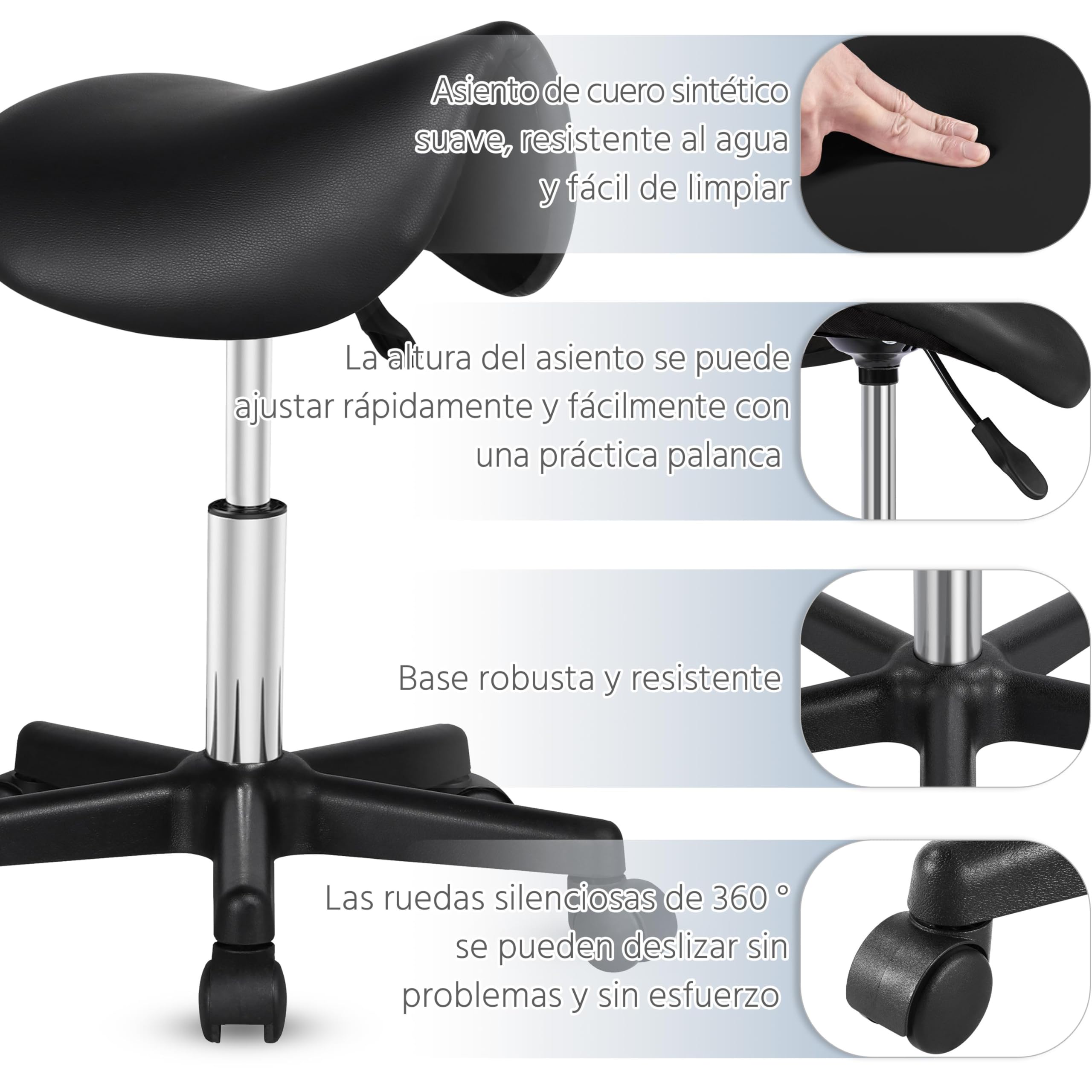 Yaheetech Taburete con Ruedas Taburete Regulable con Respaldo Silla Alta Giratorio para Peluquería Tocador Maquillaje Bar Negro