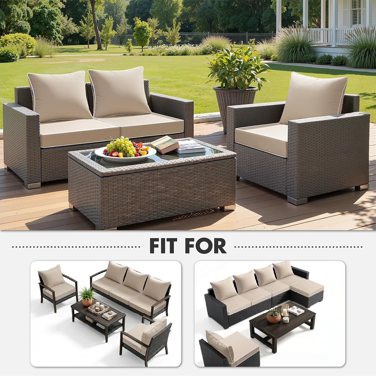 MIULEE Beige Outdoor Seat Cushion 24x24 Inch Waterproof & 3 Year Fade Resistant Deep Seat and Back Cushion for Patio Furniture Chair Sofa Couch with Handle and Adjustable Straps