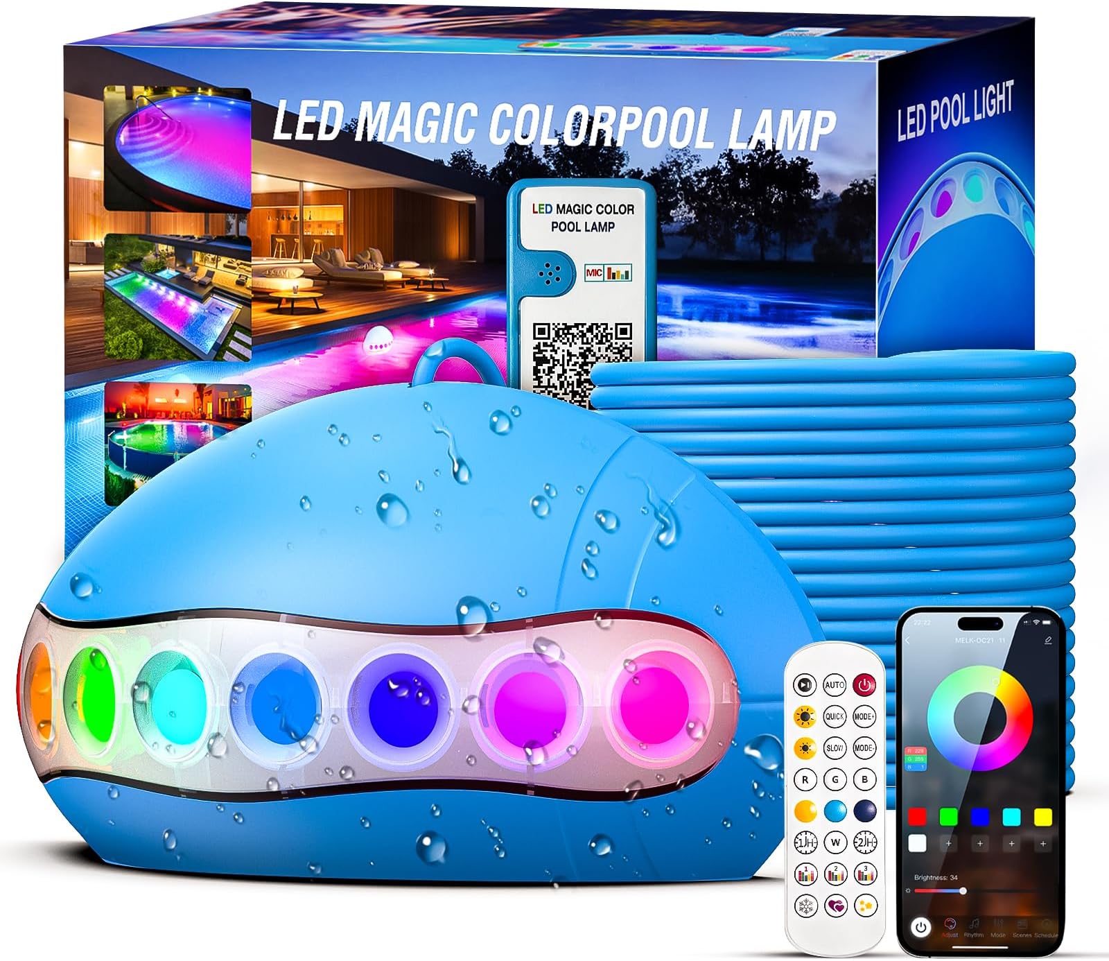 TonyEstLED Pool Lights with APP Control & Music Sync, 20W RGB, IP68 Waterproof Underwater Lights, 34FT Cord, Above Ground & Inground Pools, Hot Tub
