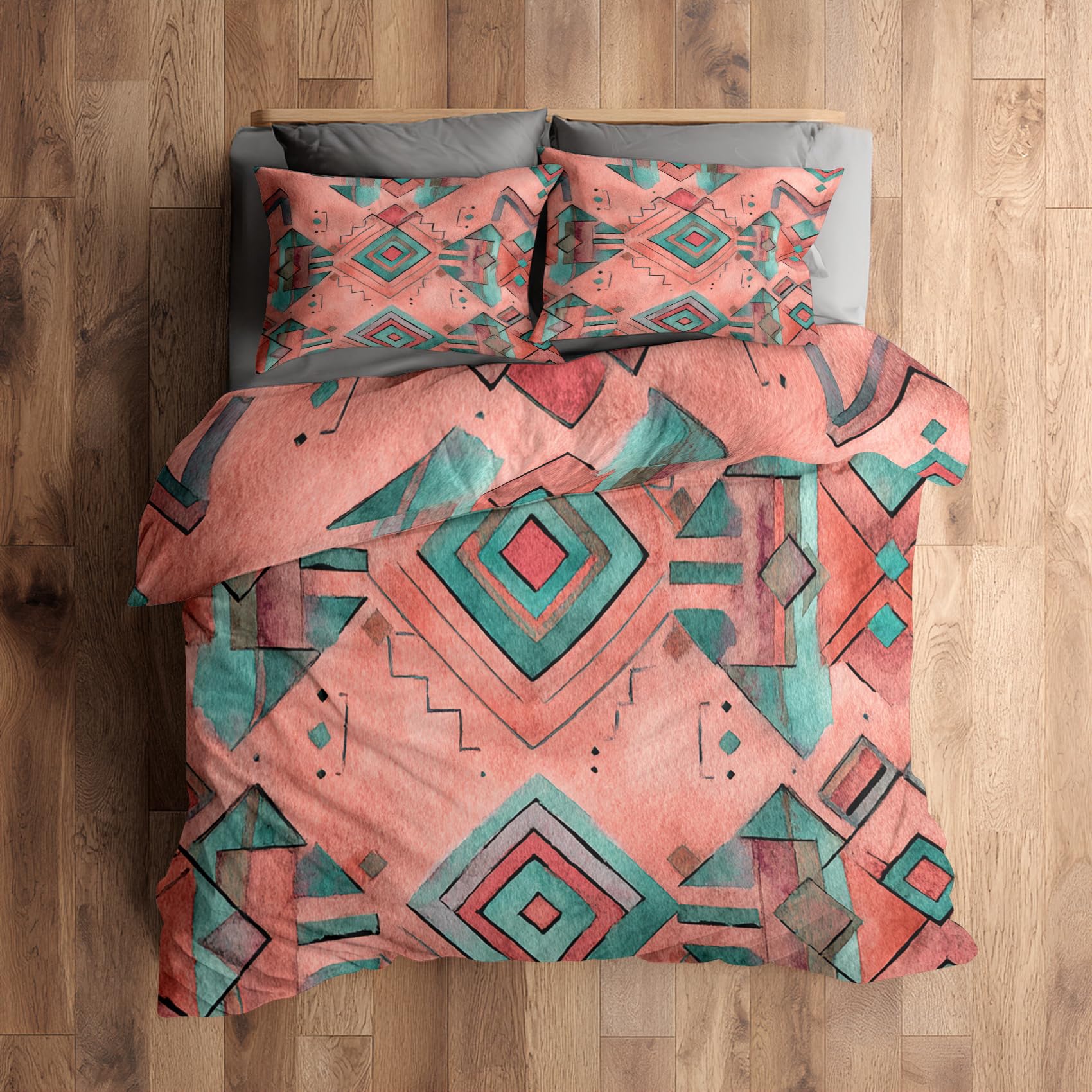 Housse de couette 160x200 tribal boho avec 2 taies d'oreiller pour lit 2 personnes