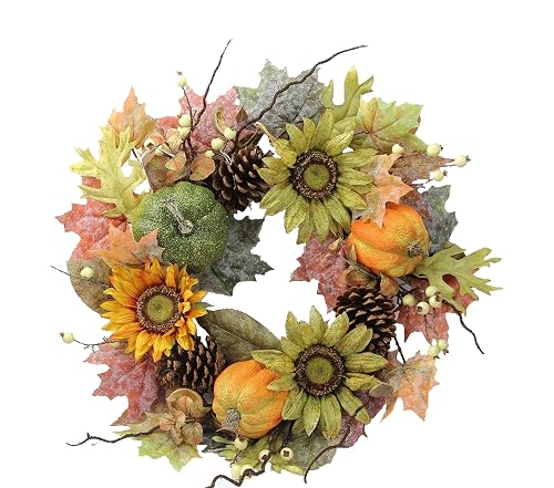 Admired By Nature 24 Inch Artificial Fall Pumpkin Sunflowers Wreath