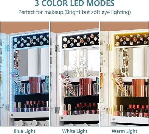 Miniatura 2 de Ylued Armario de joyería con espejo LED, organizador de joyas montado en la paredpuerta con espejo de longitud completa, espejo con cerradura con