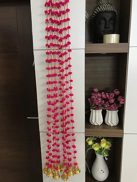 Magpie Collections Handmade Dark Pink Strings Pom Pom for Door,Wall Hanging Bandhanwar Toran, Garland for Decoration Diwali Festival,Navratri,Wedding (3FT, 5 Strings)
