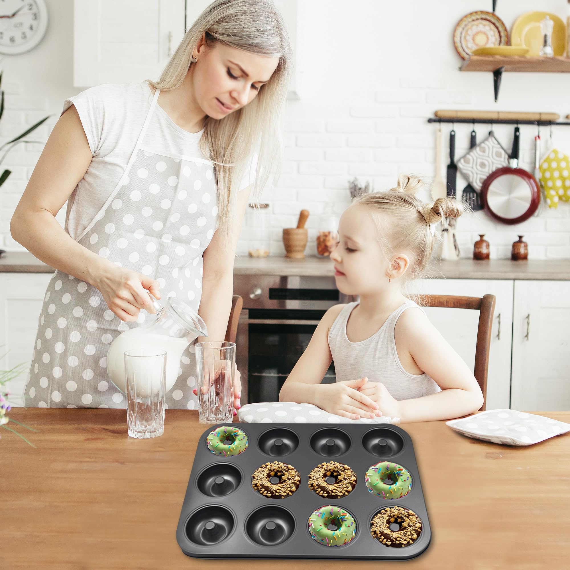 2 moldes para donas para hornear, bandeja antiadherente para donas de 12 cavidades, bandejas de acero al carbono para mini bagels y pasteles, donas para hornear horno (negro) 8