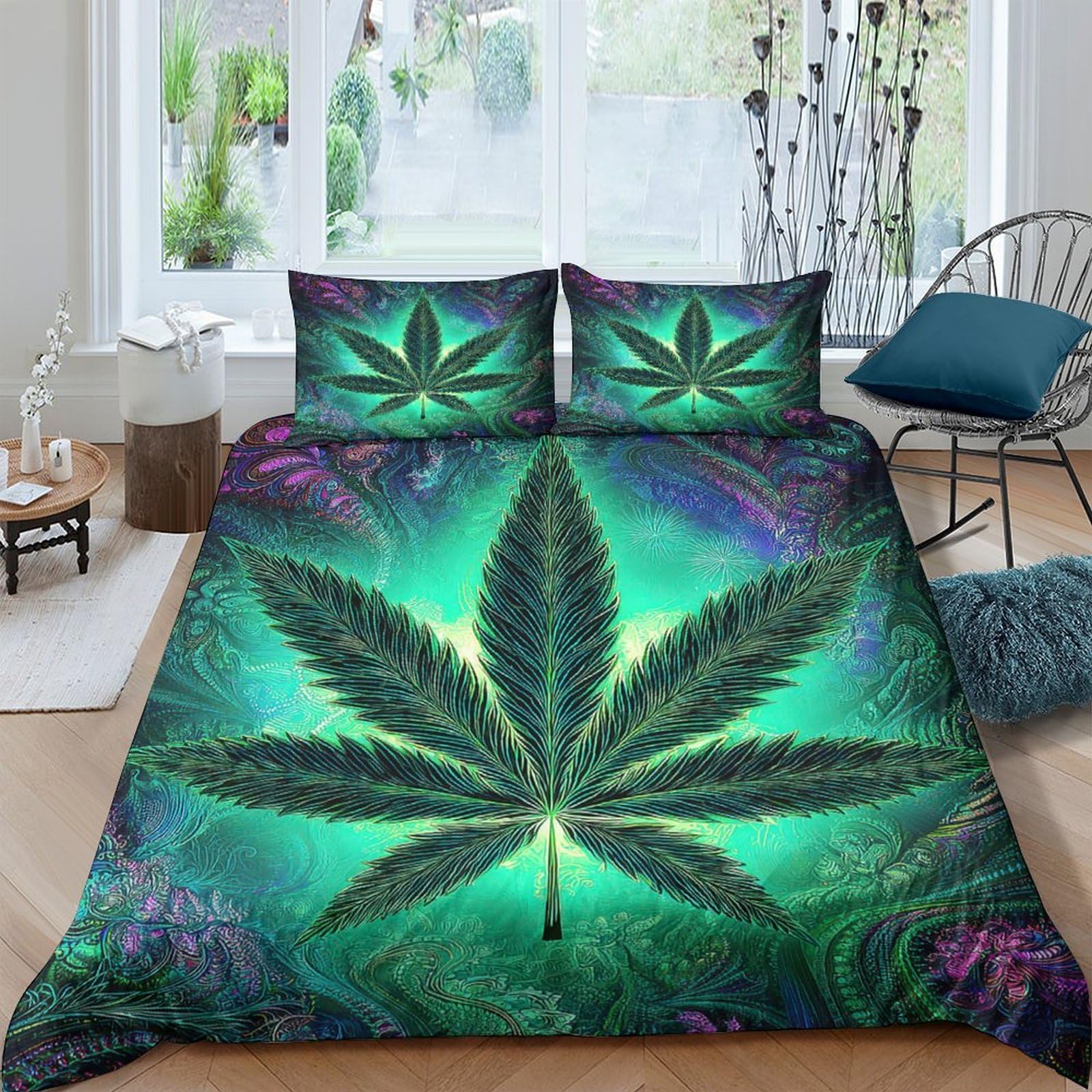 Housse de couette feuille verte 260x220 cm en microfibre pour lit super king