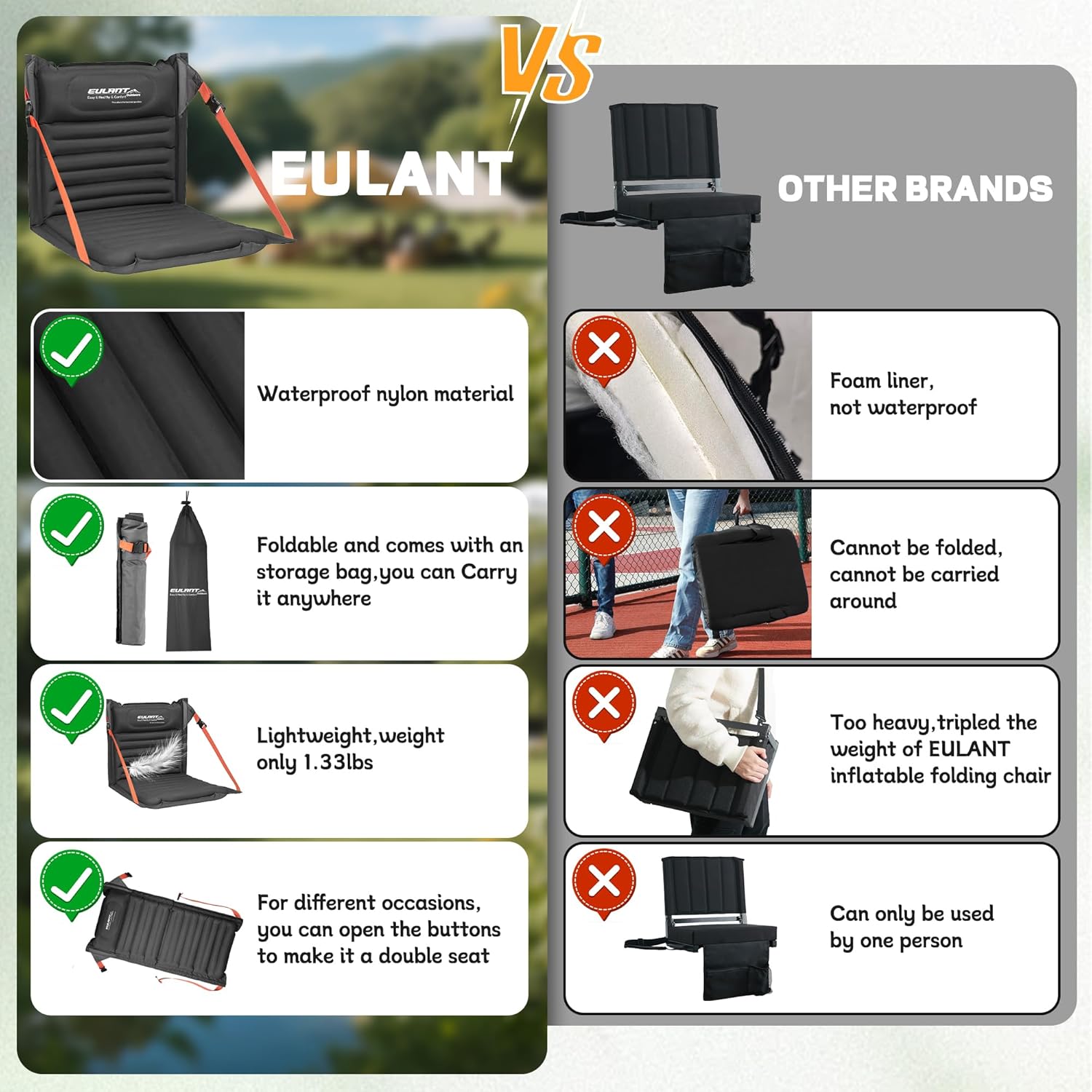 EULANT Lightweight Inflatable Folding Seats for Camping Chair with Back Support and Adjustable Straps,Foldable Bleacher Chairsfor Camping Hiking Sporting Events and Park