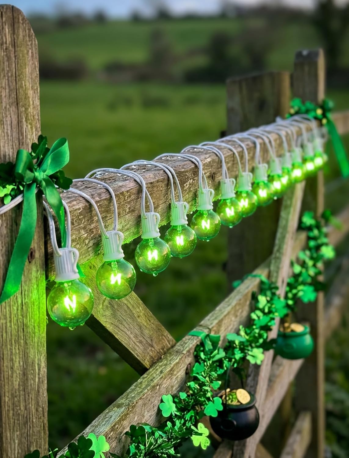 50Ft St. Patrick's Day G40 Outdoor String Lights, G40 Globe Patio String Lights Waterproof with 27 Green Incandescent Bulbs, Connectable Hanging Light for Backyard Porch Balcony St Patricks Day Decor