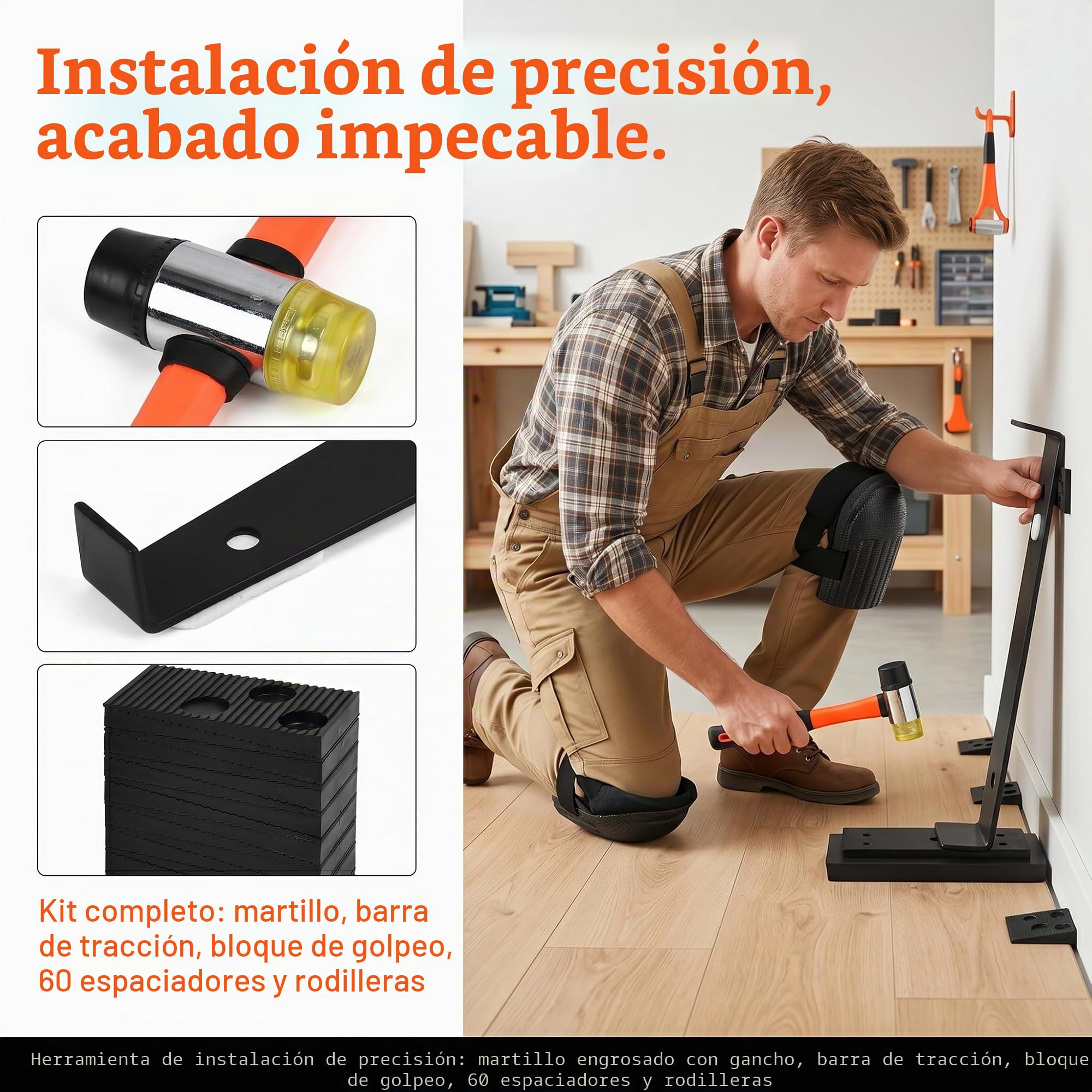 Kit de Instalación de Suelo Laminado, 65 PCS Herramientas para Piso Laminado con Martillo de Goma, Palanca, 60 Cuñas Separadoras, Bloque de Impacto y Rodilleras, Kits Colocación SueloLaminado