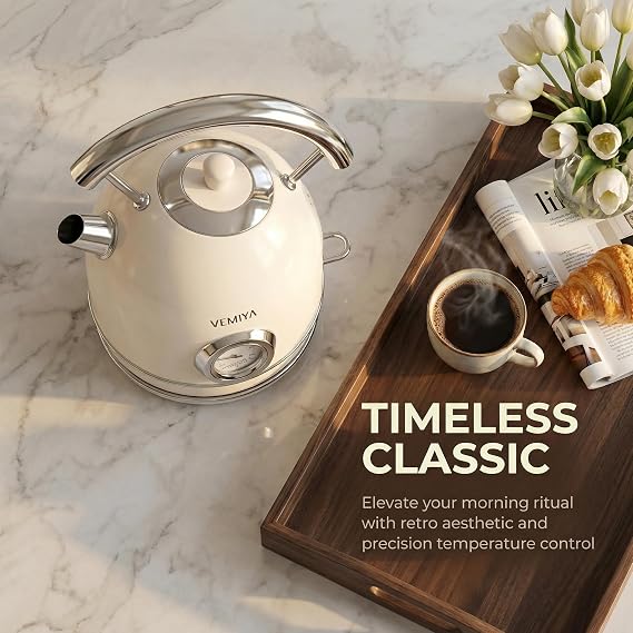 Retro Electric Kettle 1.7L Stainless Steel Tea Kettle with Premium Gloss Finish, Fast Boiling, Auto Shut-Off & Boil-Dry Protection Vintage Electric Water Boiler for Kitchen (Ivory White)