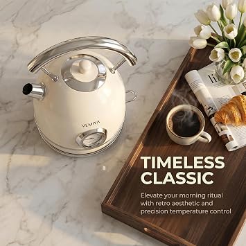 Retro Electric Kettle 1.7L Stainless Steel Tea Kettle with Premium Gloss Finish, Fast Boiling, Auto Shut-Off & Boil-Dry Protection Vintage Electric Water Boiler for Kitchen (Ivory White)