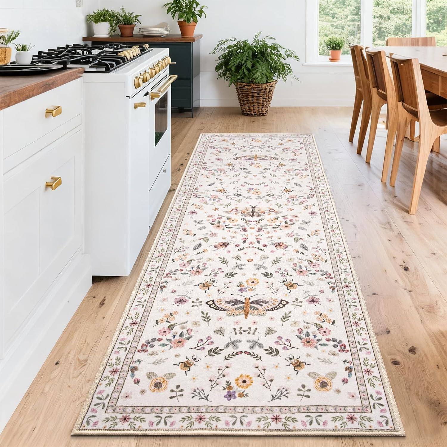 Washable Runner Rug, 2x6 Kitchen Runners for Hallways, Soft Floral Insect Throw Bedside Area Rugs for Bedroom Living Room, Non Slip Indoor Thin Long Carpets for Entryway, Beige