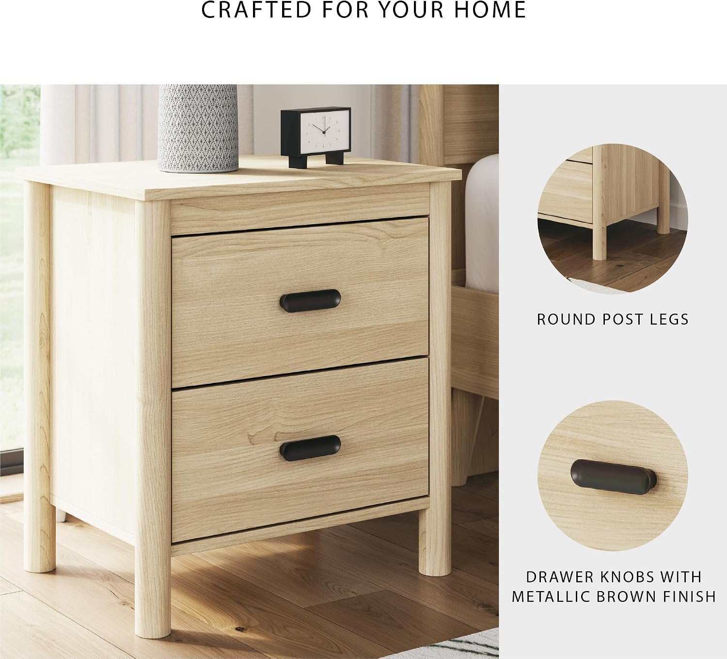 Signature Design by Ashley Cabinella 2-Drawer Nightstand, Light Brown | Smooth-gliding drawers with metallic knobs, Durable engineered wood, Warm textured ash finish
