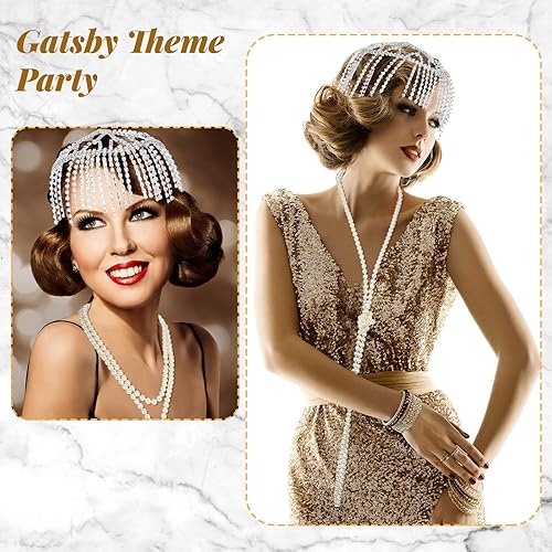 Miniatura 7 de 2 piezas de joyería de los años 20 con diamantes de imitación de cristal para la cabeza cadena de cabeza de flapper juego de collares de perlas