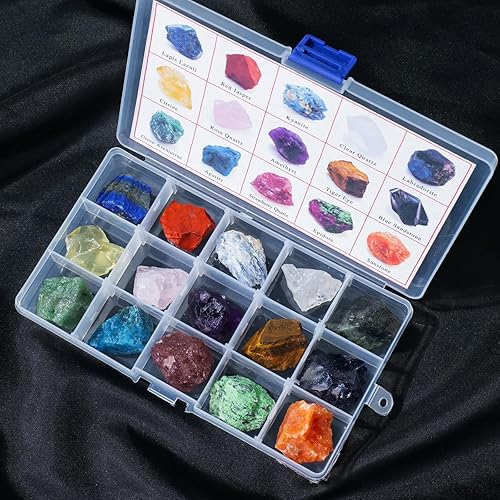 Miniatura 2 de Apengshi Juego de 15 piedras naturales crudas en bruto, lapislázuli, amatista, piedra solar, cristal curativo, muestra mineral, caja de regalo,
