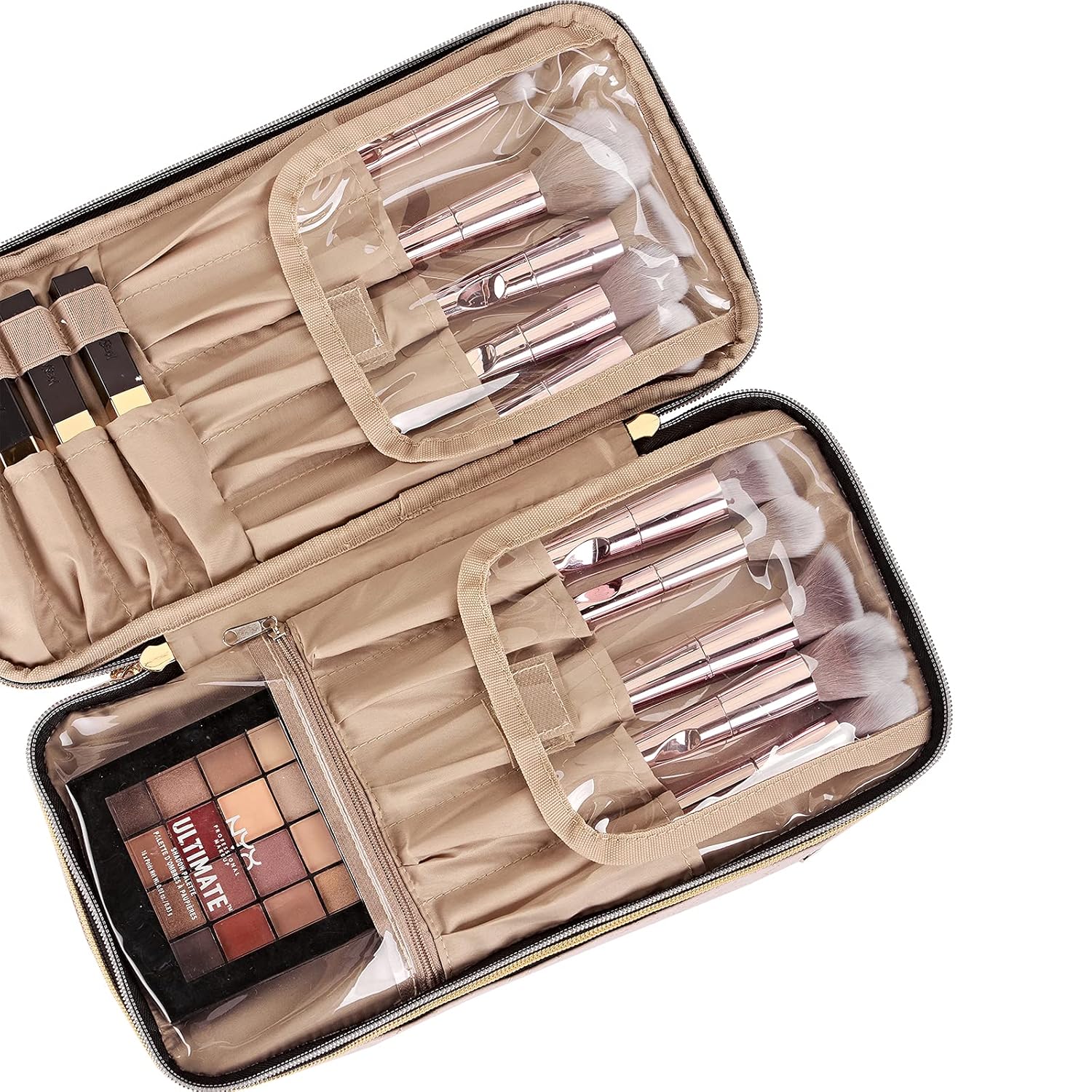 NISHEL Double Layer Makeup Bag Large Travel Cosmetic Case, Makeup Organizer for Lots of Brushes, Portable Toiletry Bag for Women and Girls, Pink : Beauty