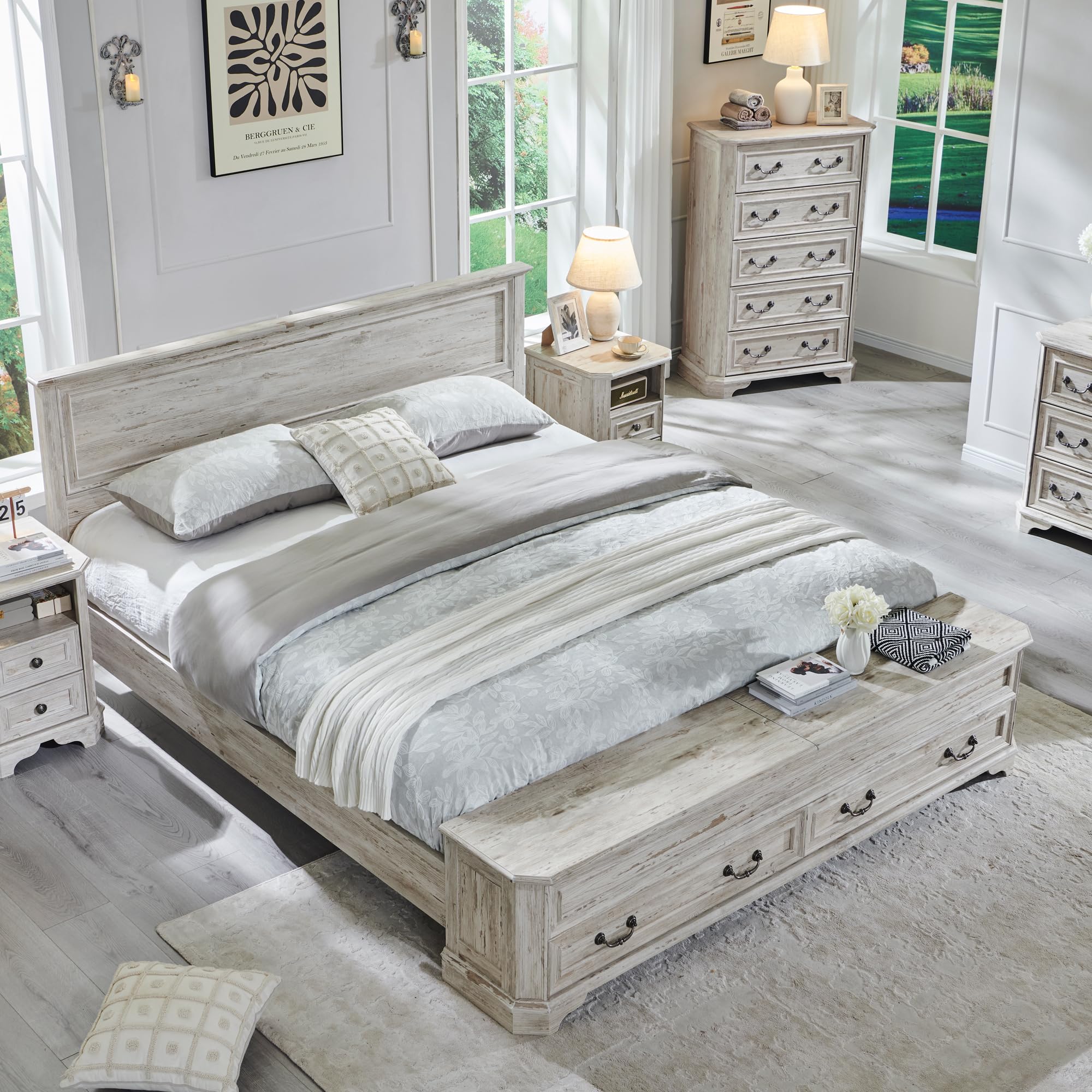 T4TREAM Farmhouse King Bed with Headboard and Storage Bench, Rustic Wood Platform Bed with 80" Storage Chest w/ 4 Large Drawers, Distressed White (Incomplete box B only)