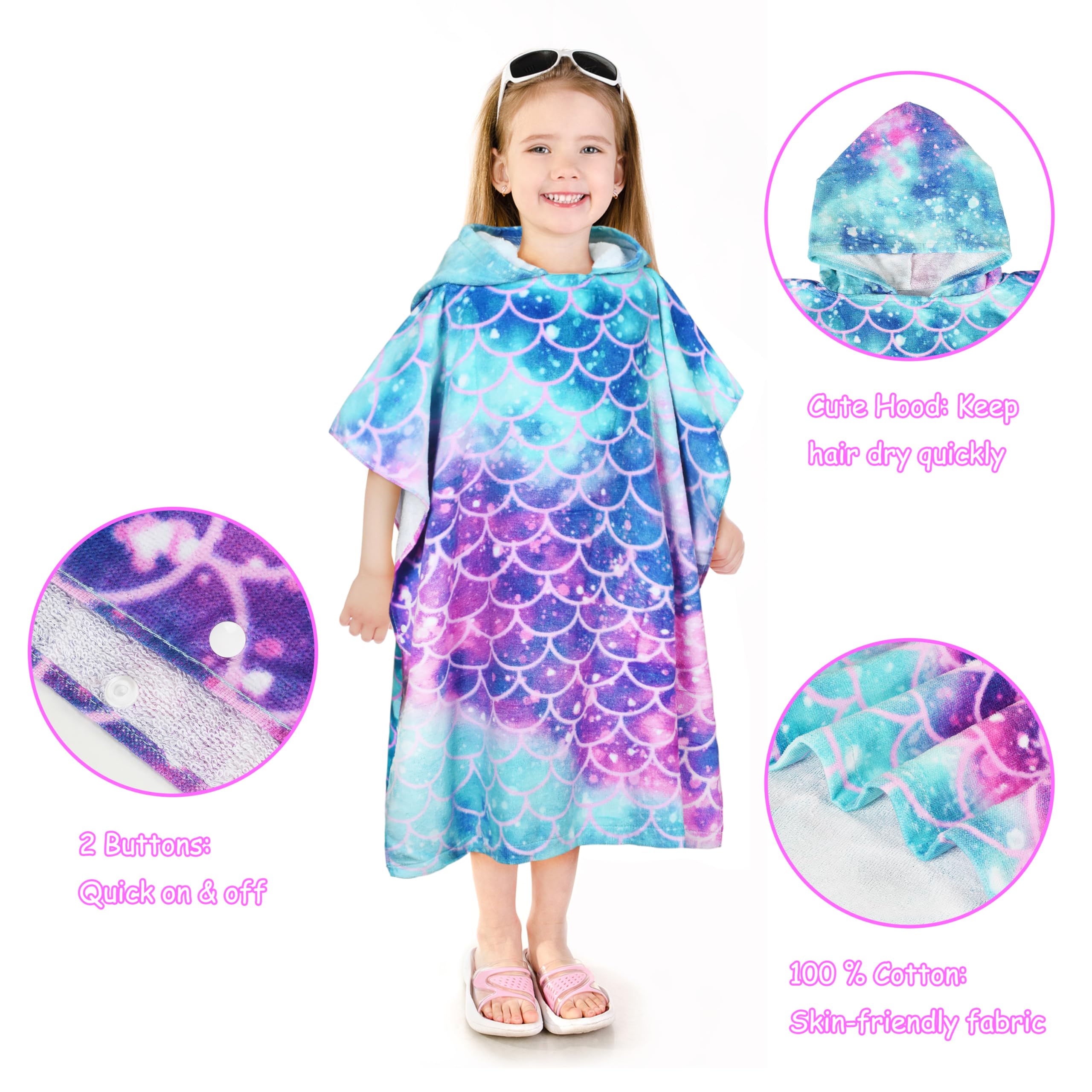 Catalonia Toalla de baño con capucha de sirena para niñas de 2 a 6 años, 100 % algodón, toalla absorbente para niños, poncho de toalla para cambiar de baño, a prueba de arena
