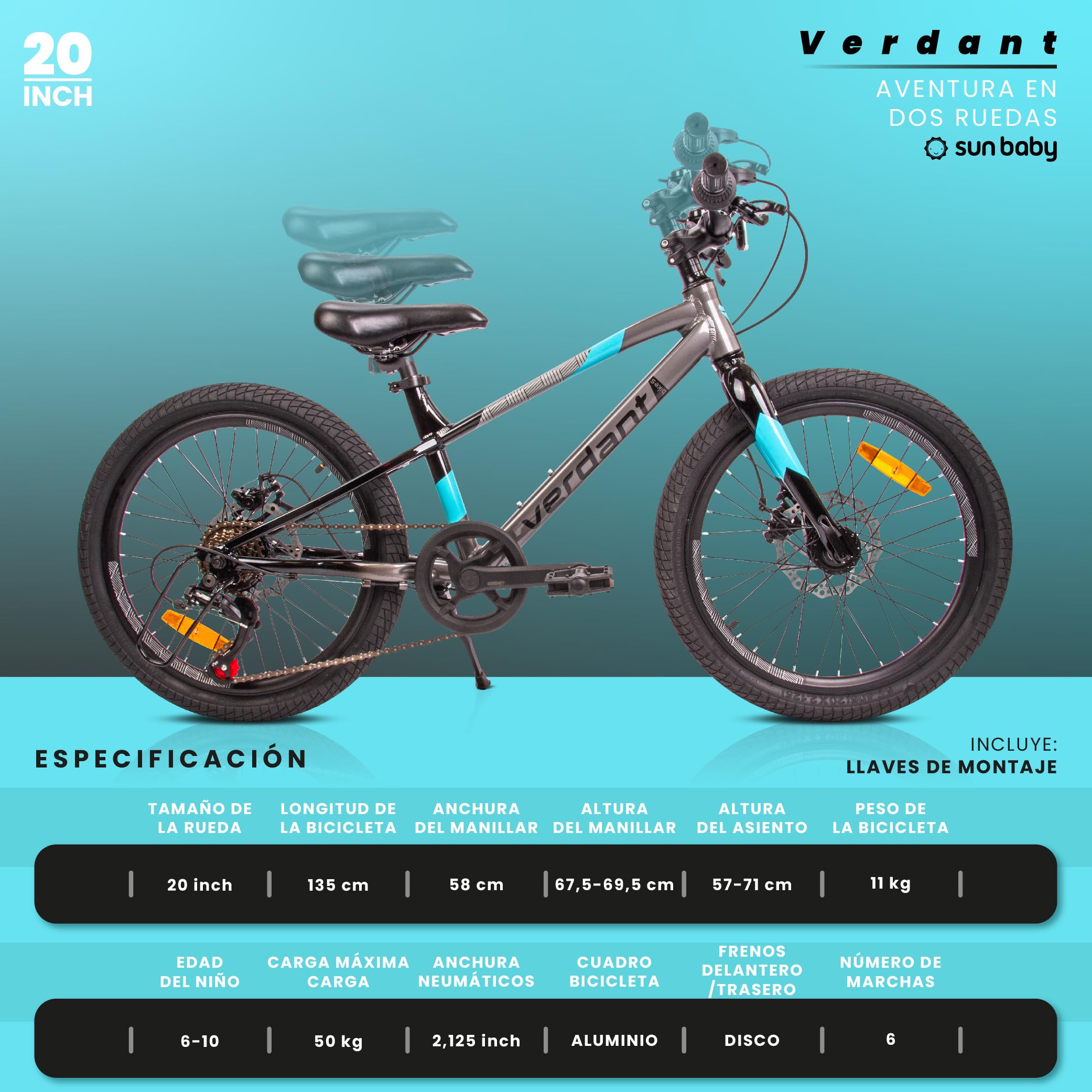 Verdant ALU Bike Bicicleta Infantil 20 Pulgadas Tamaño de Rueda a Elegir 6 velocidades Shimano Ligero Bicicleta para niños de 6 a 10 años Altura Ajustable