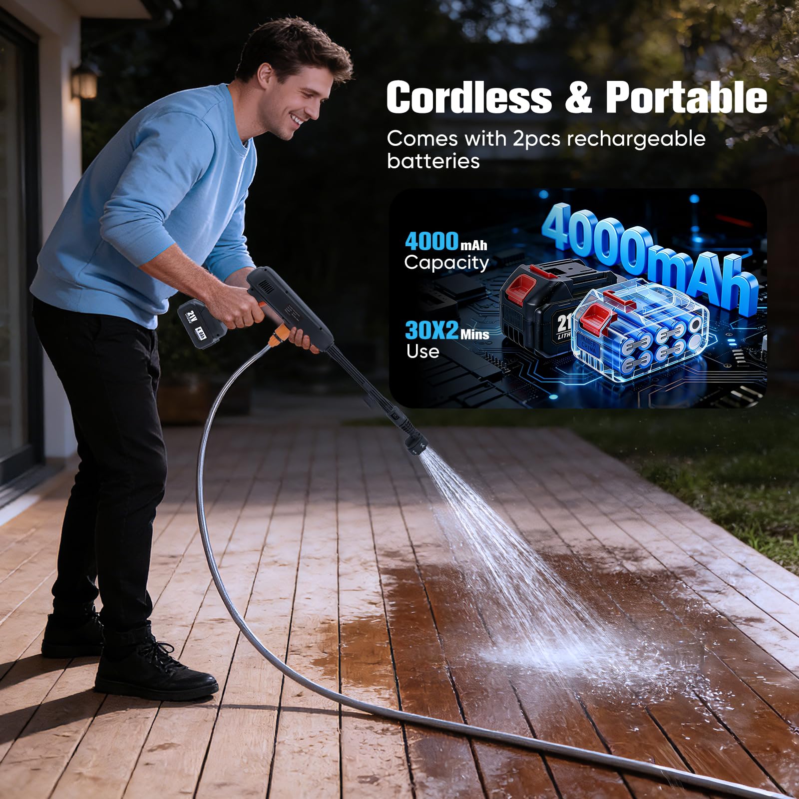 Limpiador de alta presión con batería, 1000 PSI (69 bar), 336 l/h, pistola portátil con 2 baterías de 4000 mAh, boquilla giratoria multifuncional 6 en 1, manguera de 7 m para coche, suelo, terraza