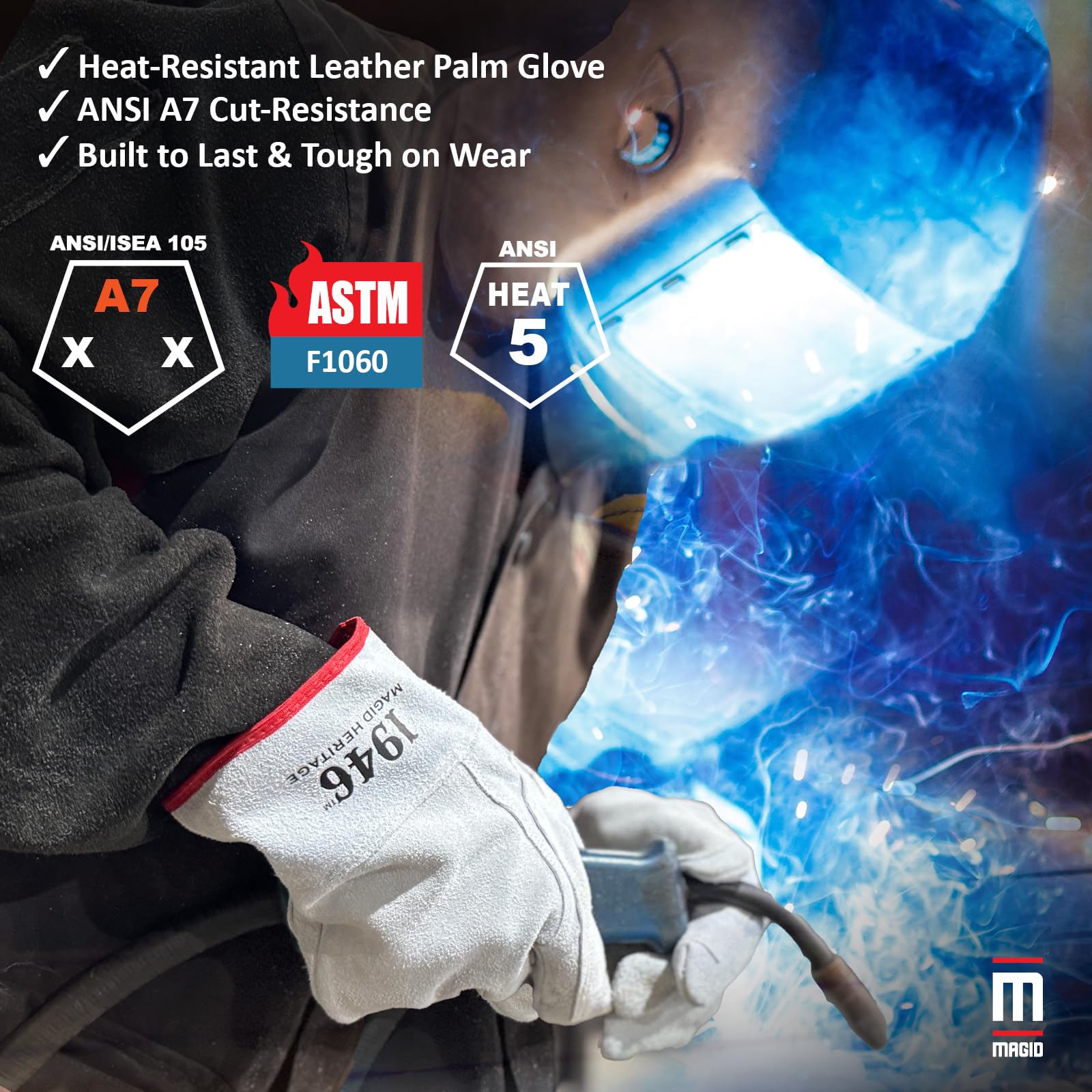 MAGID 1946 Heritage - Guantes de cuero vacuno dividido de para-aramida cosidos de alto calor, 8/M, 6 pares, T1756